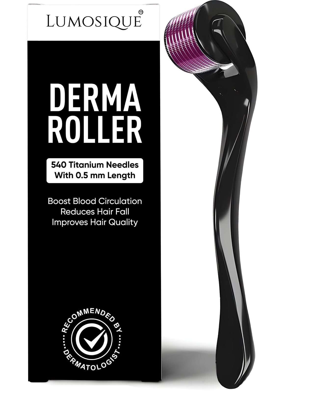 LUMOSIQUE® Derma Roller with 540 Titanium Needles Activates Hair Follicles | For Hair Fall & Hair Thickening | Reduces Acne Scars | Safe & Effective To Use
