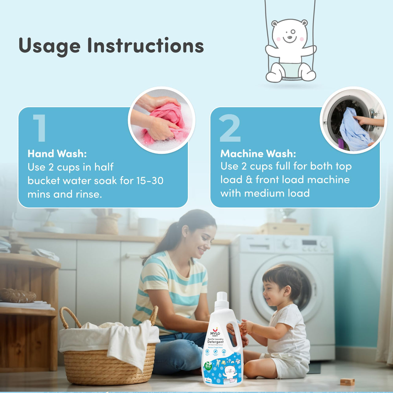 Mylo Baby Detergent Liquid For Clothes 1 Litre | Anti - Bacterial | No Harmful Chemicals, No Allergens & No Artificial Colours