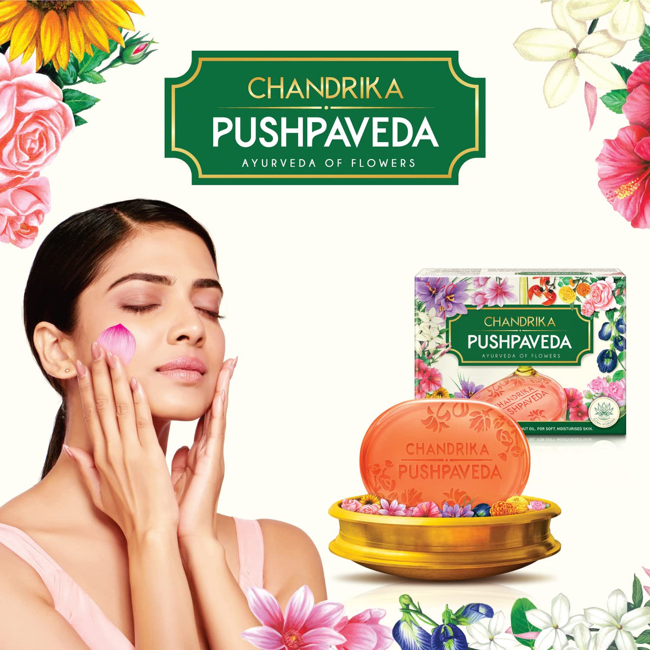 Chandrika Pushpaveda Ayurvedic Soap| Ayurveda of Flowers for Soft, Moisturized Skin| 125g (Pack of 4)
