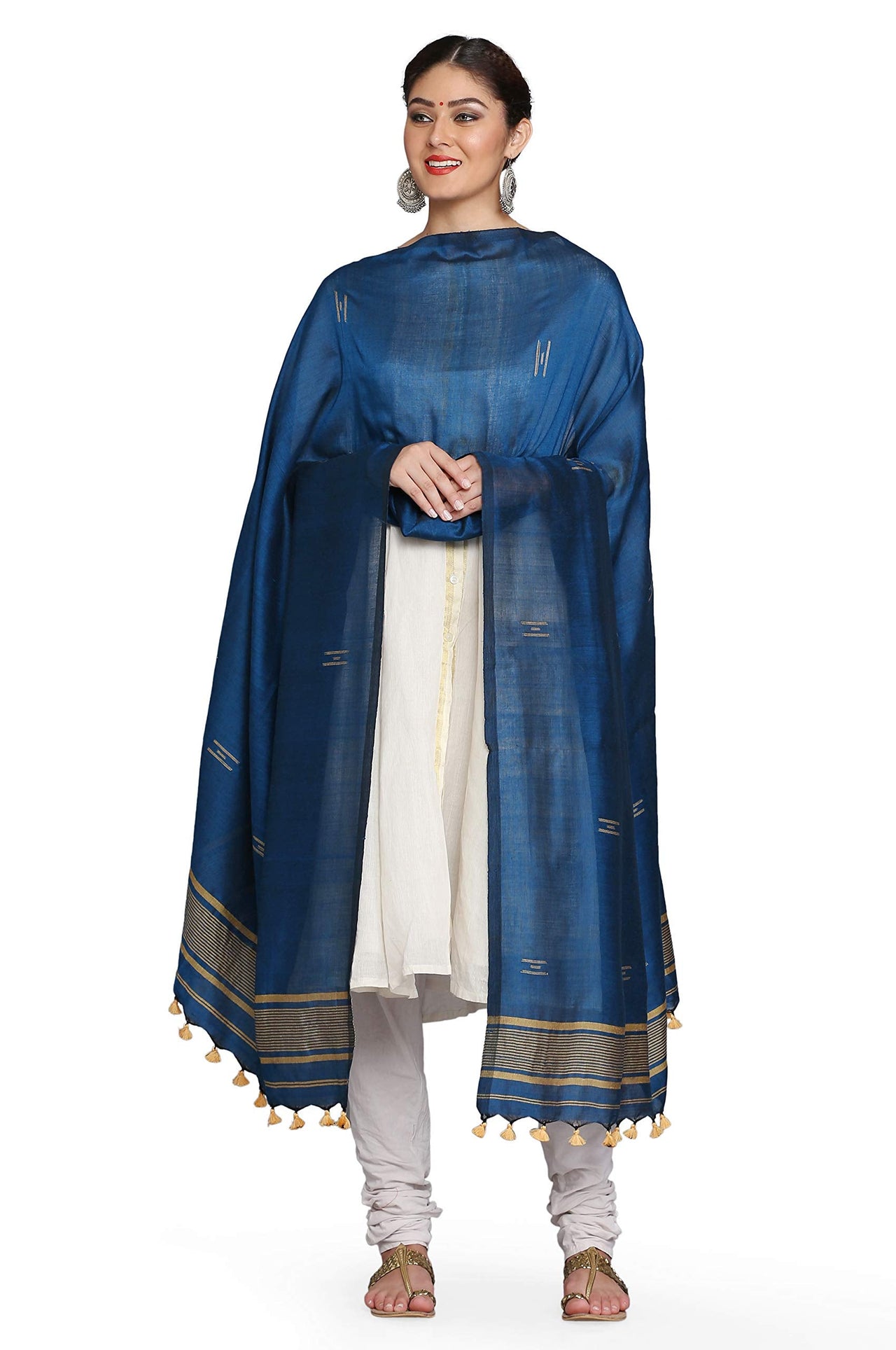 THE WEAVE TRAVELLER Handloom Hand Woven Cotton Buti Dupatta for Women With Pom Pom Edgings