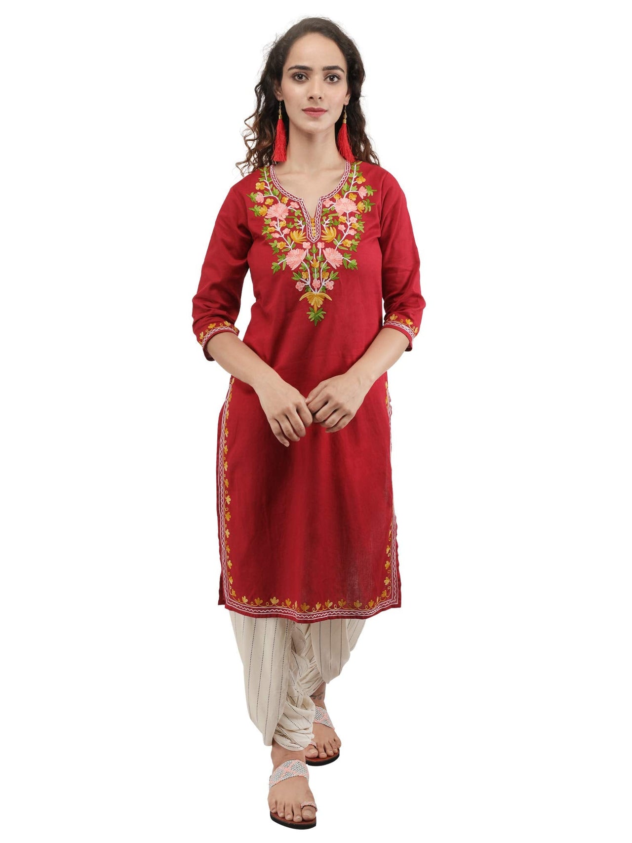 QAZMI Women's  Cotton Straight Embroidered Kurti Black L