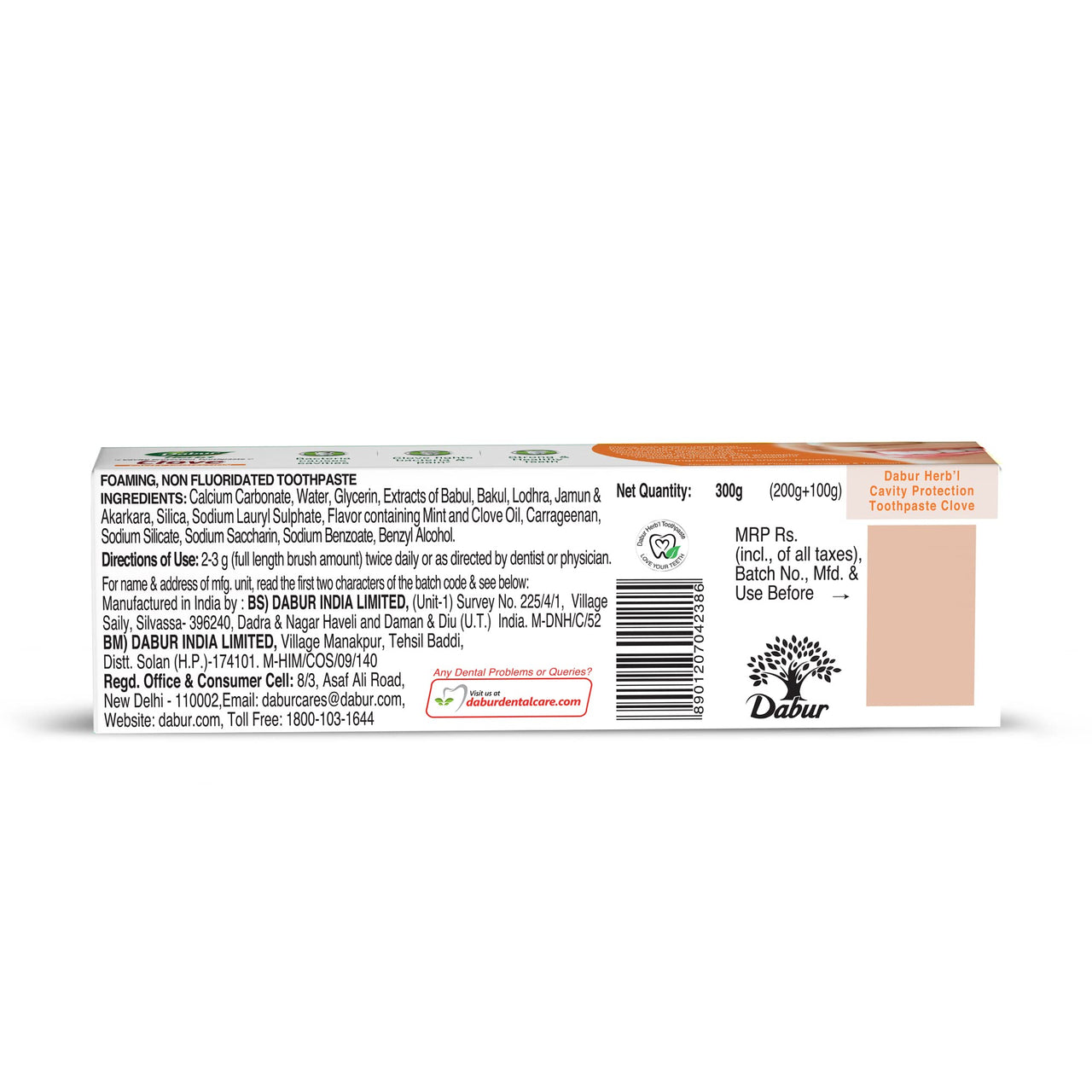 Dabur Herb'l Clove 300g (200g + 100g) - Cavity Protection Toothpaste with No added Fluoride and Parabens