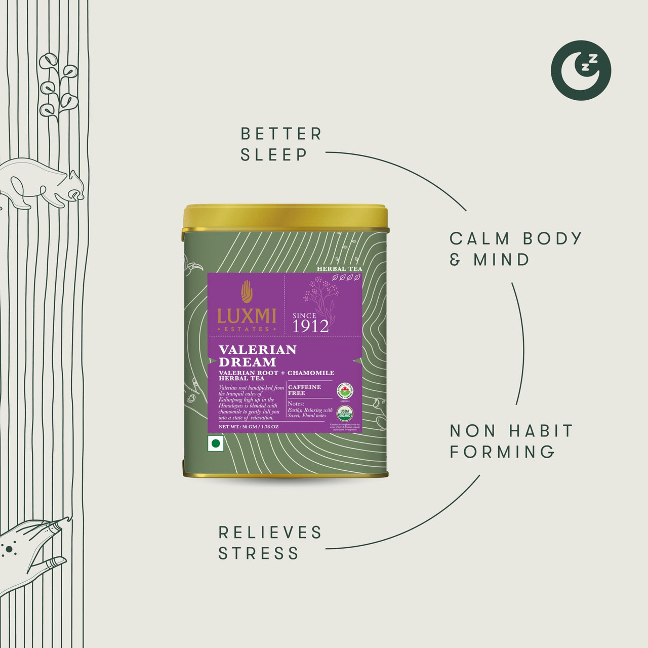 LUXMI Estates Sleep Tea With Valerian Root 50 gram Tin Pack, With Chamomile, Lavender & Valerian Root | Caffeine Free Tea Bags For Insomnia Anxiety & Stress Relief, Relaxation, Restful and Peaceful Sleep With Wellness Herbal Tea, 25 Cups