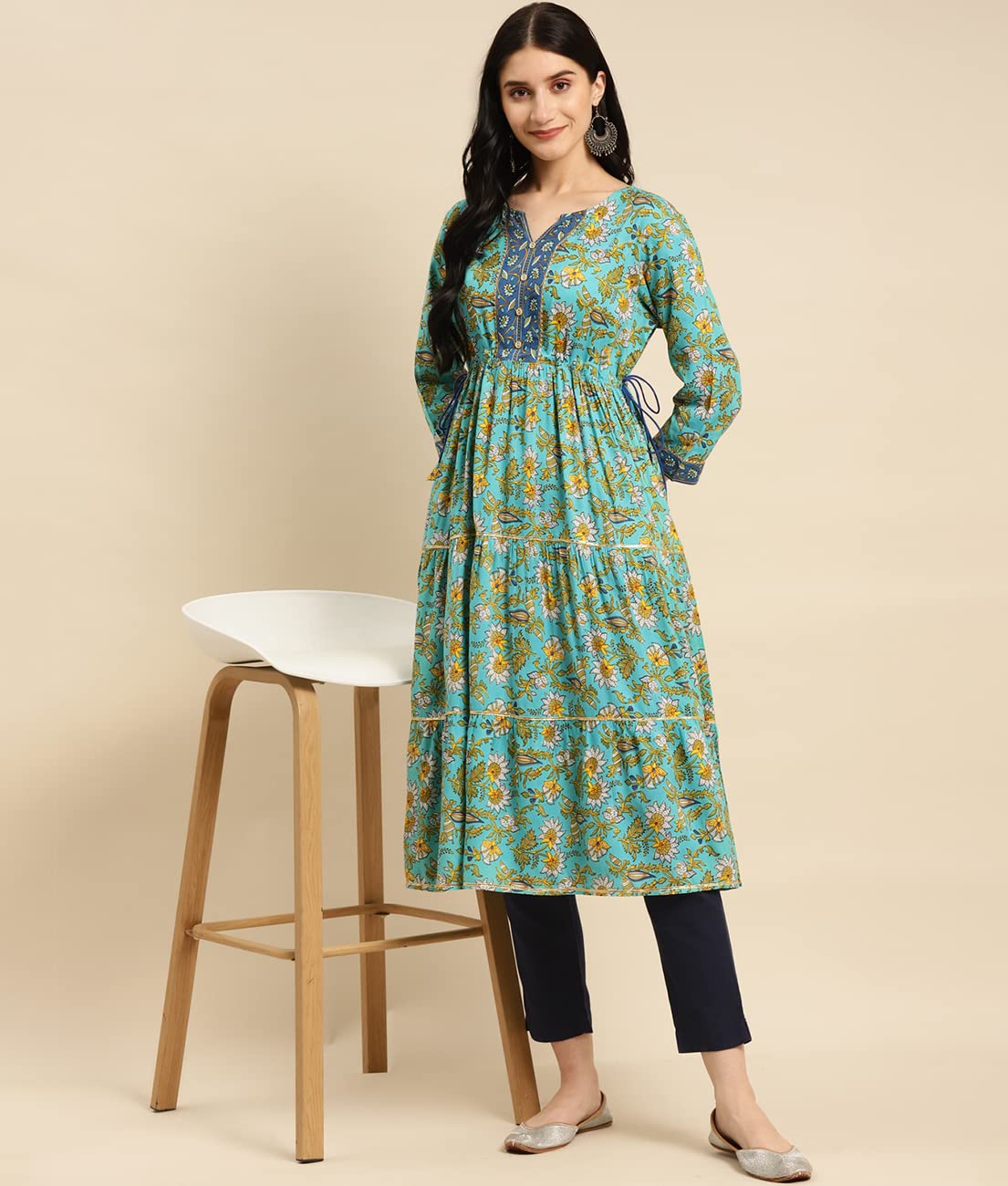 rangita Women Rayon Floral Printed Calf Length Tiered Kurti with Contrast Placket and Side Tie Ups