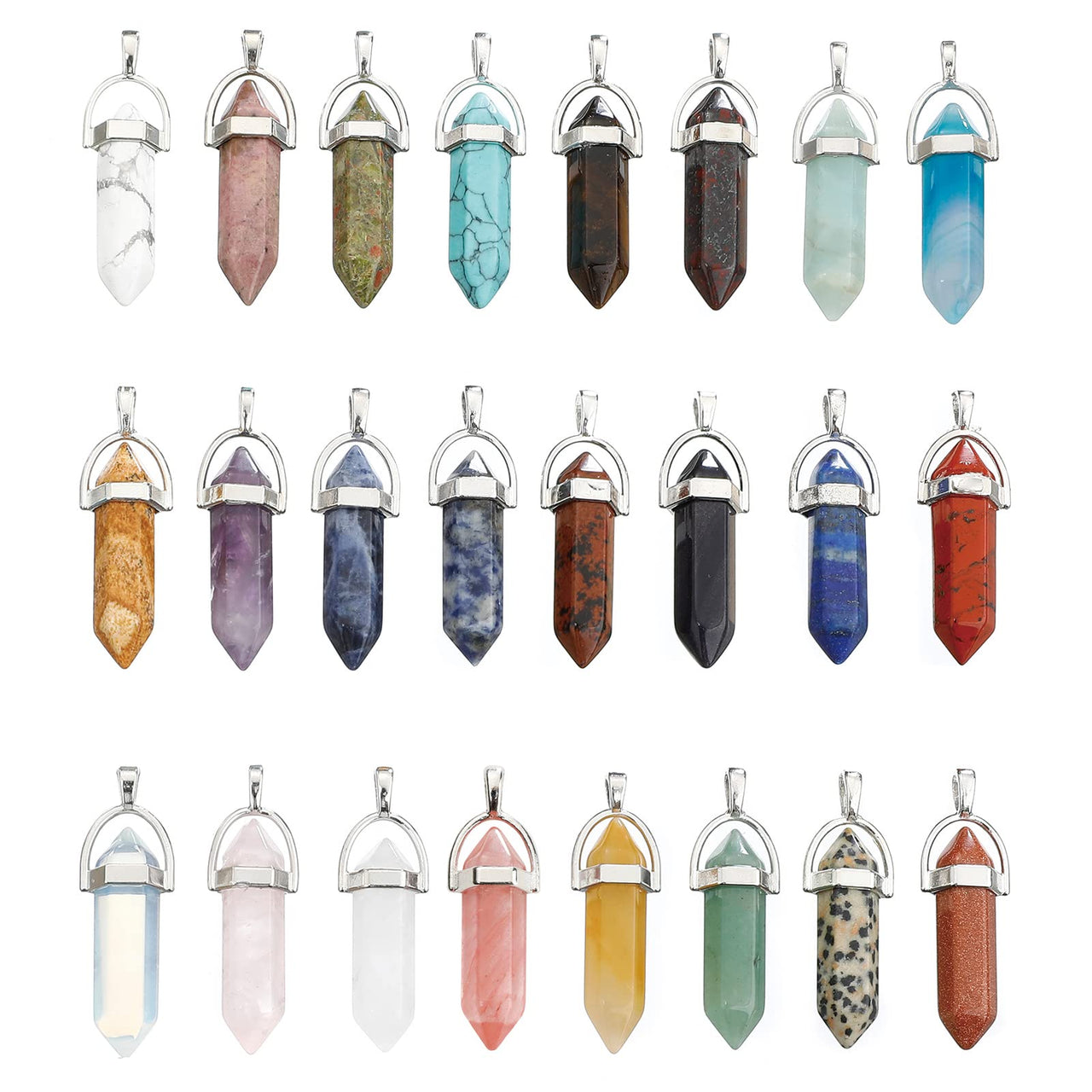 Lezam 24 Pcs Healing Chakra Crystal Pendant Hexagonal Pointed Natural Stone Bullet Shaped Pendant Gemstone Quartz Charm Pendants for Necklace Jewelry Making(24) 24-B