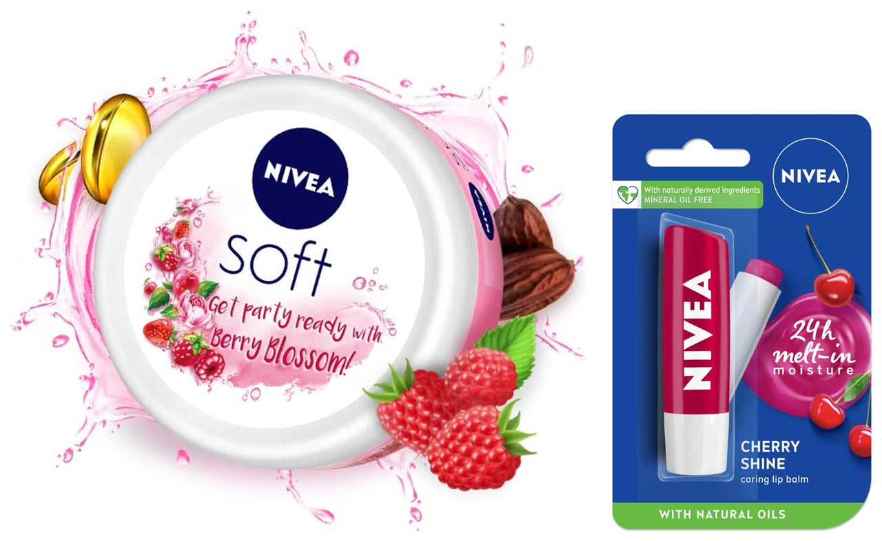 NIVEA Lip Balm, Fruity Cherry Shine, 4.8g & NIVEA Soft, Light Moisturising Cream, Berry Blossom, 100ml