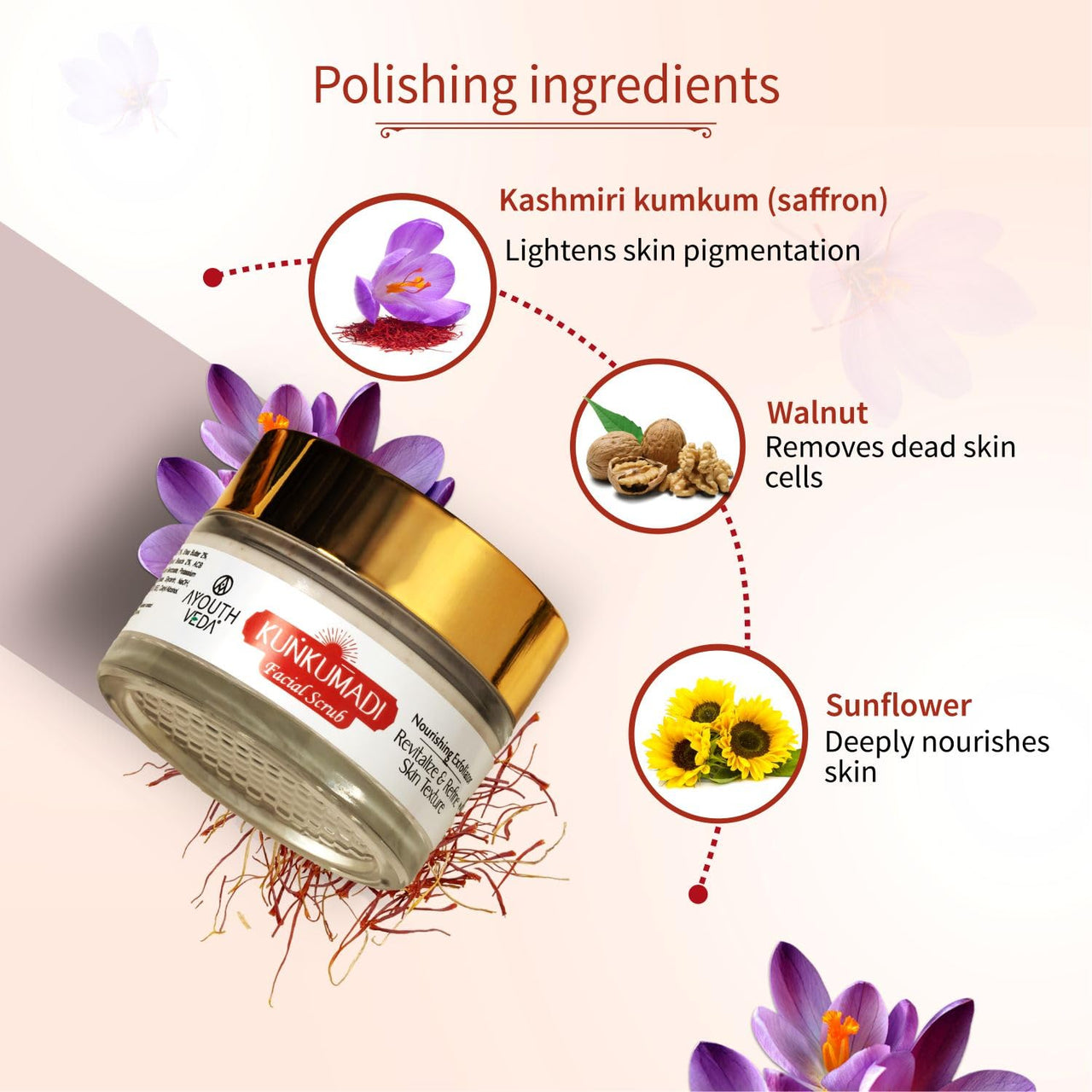 Ayouthveda Kunkumadi Face Scrub | Revitalize & Refine Skin Texture | With Walnut, Finest Kashmiri Saffron & Sunflower Extract | Cleanse Impurities & Promote New Cell Growth (Pack Of 1-50g)