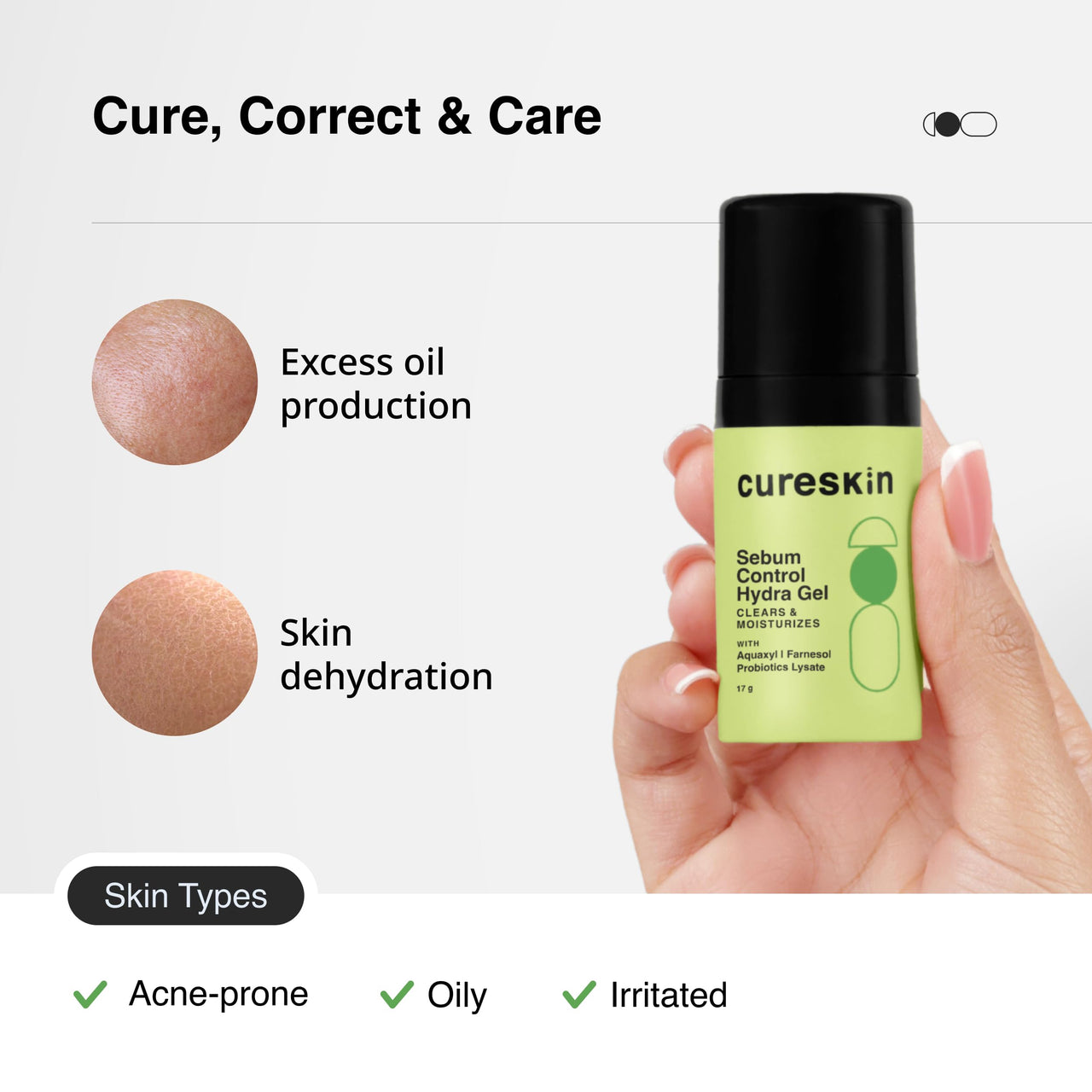 Cureskin Sebum Control Hydra Gel: Hydration & Shine Control for Oily Skin with Aquaxyl, Farnesol, Probiotics Lysate (17 g)