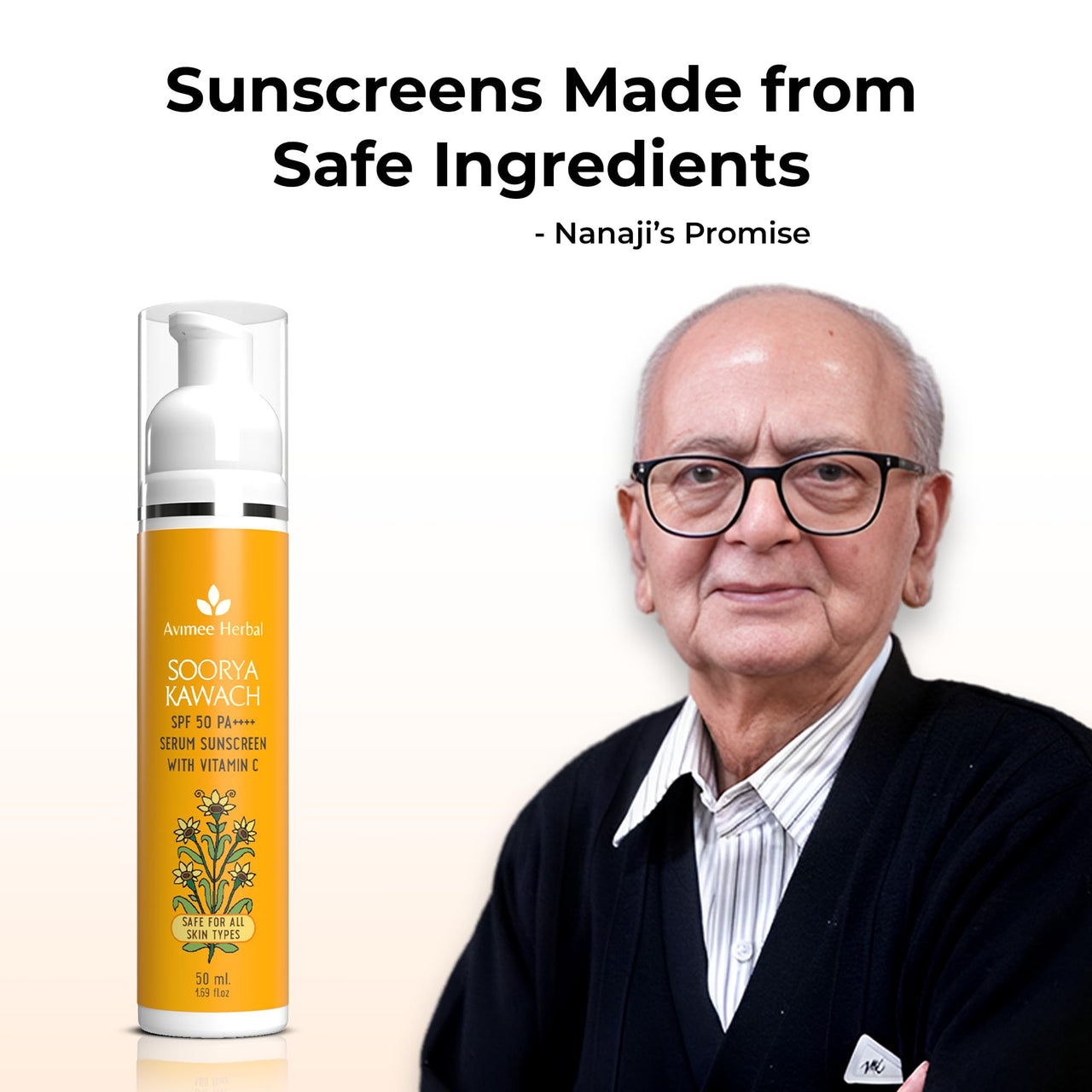 AVIMEE HERBAL Soorya Kawach Spf 50 Pa ++++ Serum Sunscreen With Vitamin C For All Skins Broad Spectrum Uva, Uvb & Blue Light Protection For Radiant & Glowy Skin 50 Ml