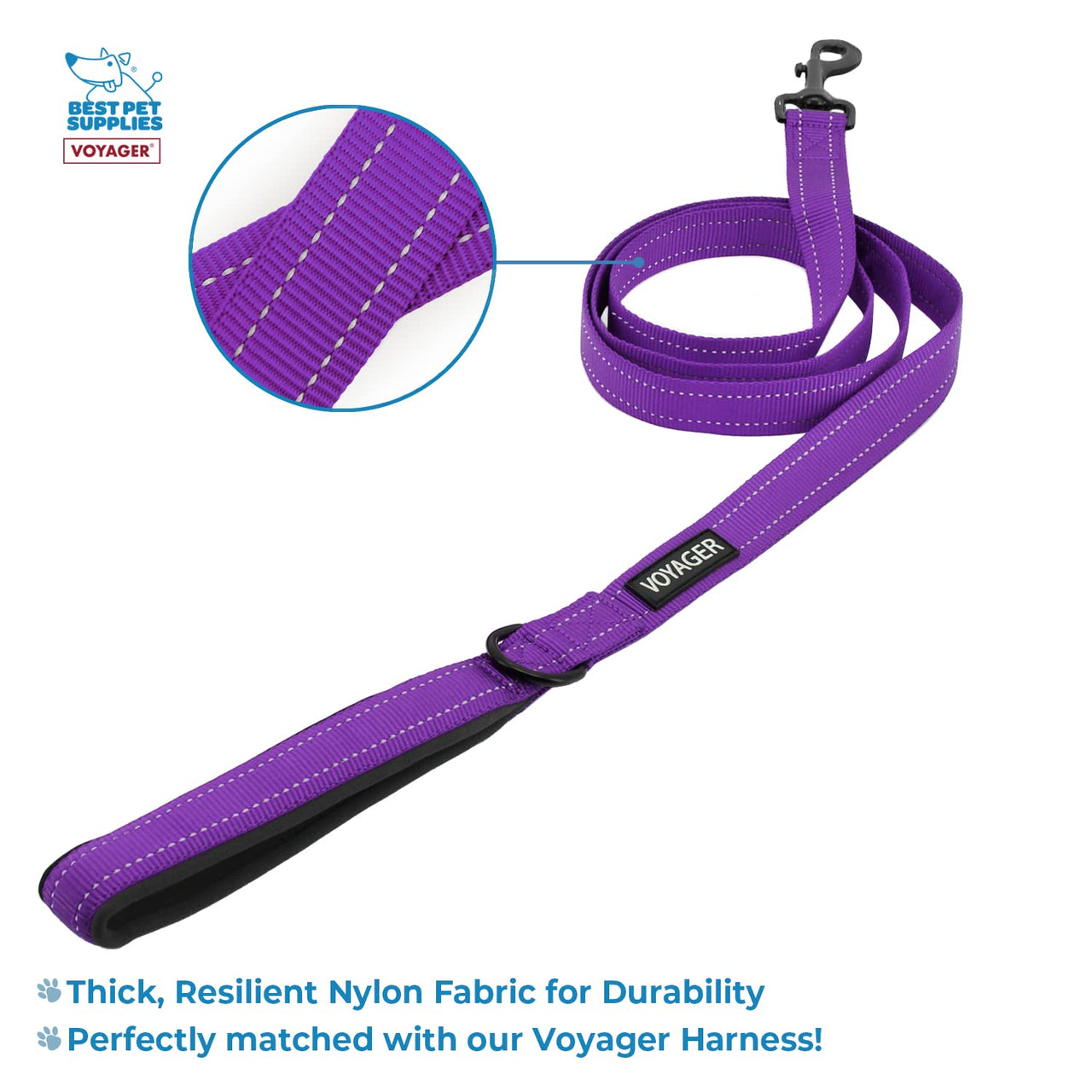 Voyager Reflective Dog Leash Collar Set with Neoprene Handle Supports Small, Medium, and Large Breed Puppies, Cute and Heavy Duty for Walking, Running, and Training - Purple, M Leash Collar Set (Purple) Leash Collar Set (3/4")