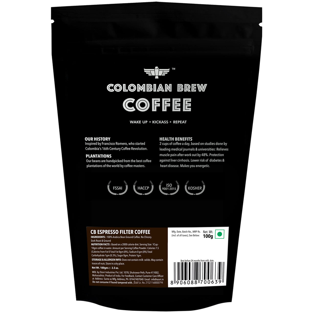 COLOMBIAN BREW COFFEE Arabica Espresso Filter Coffee Powder Bag, Roast & Ground Strong, 100G