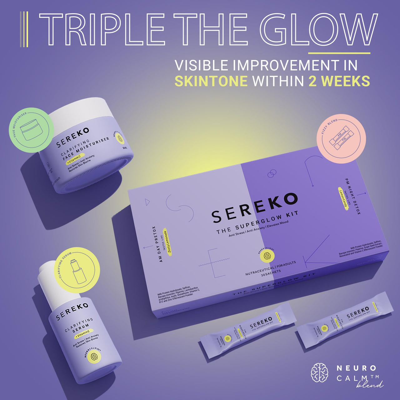 Sereko Advanced Active Vitamin C Skin Regime Kit Combo | 50X Vitamin C Face Moisturiser 50 ml, Clarifying Serum 30 ml & Super Glow Collagen Powder - 30 Sachet x 4g