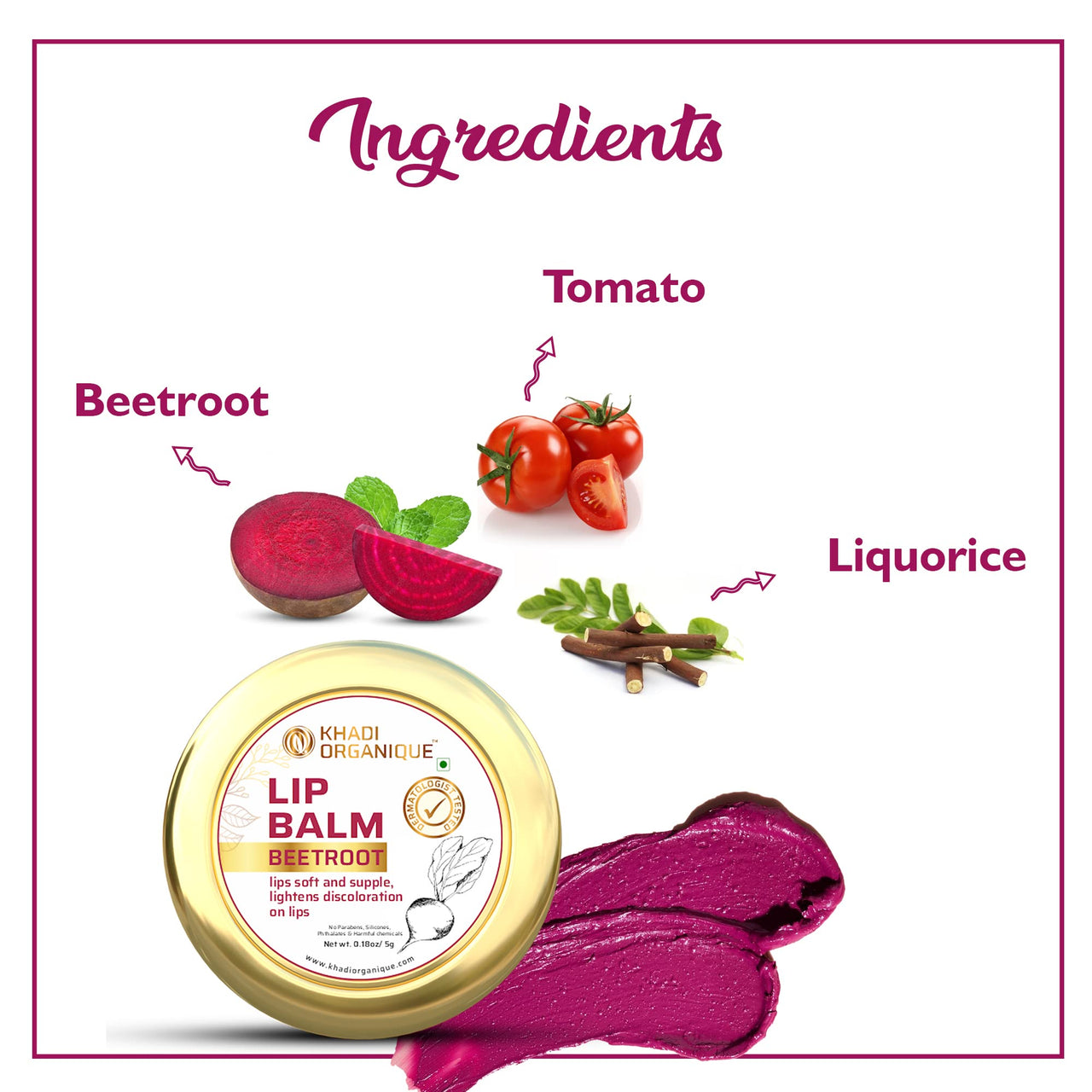 Khadi Organique Herbal Beetroot Lip Balm for Dry, Damaged & Chapped Lips | Hydrating & Nourishing Lip Balm Enriched with Cocoa Butter, Shea Butter & Essential Oils for Pink, Glossy & Soft Lips - 5gm