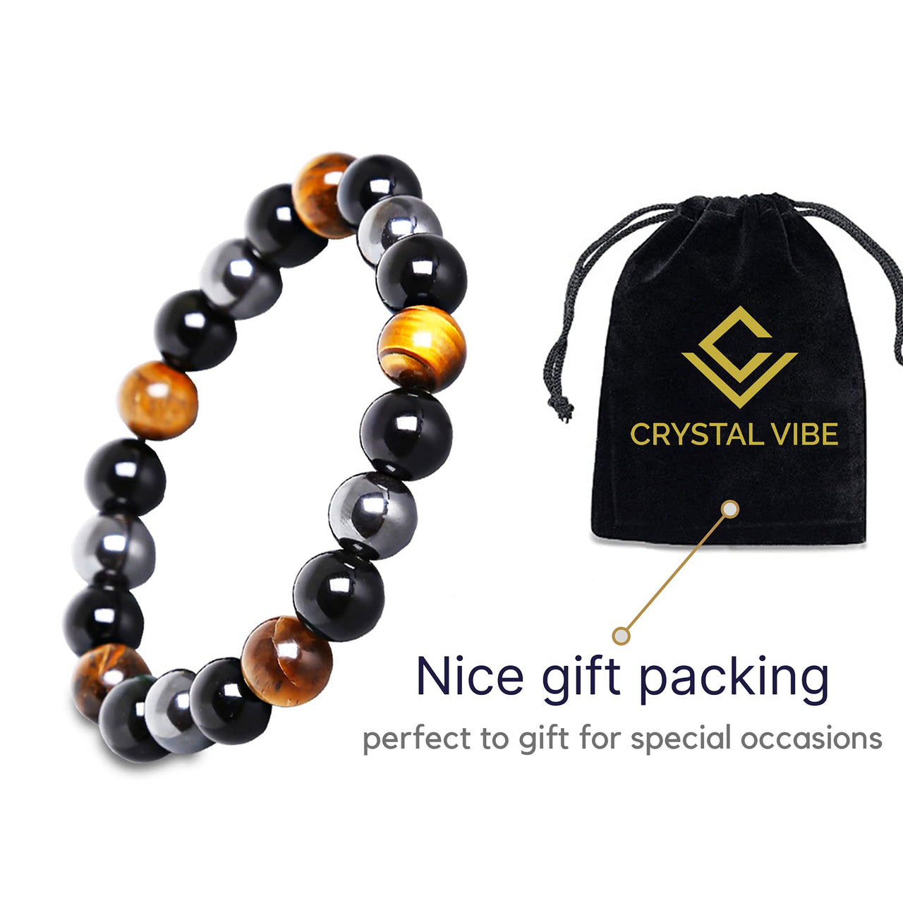 Crystal Vibe Triple Protection Bracelet - 10mm Bead Bracelet for women men With Natural Stones of Tiger Eye Hematite and Black Obsidian - Healing Crystal Bracelet for Good Luck Prosperity Happiness