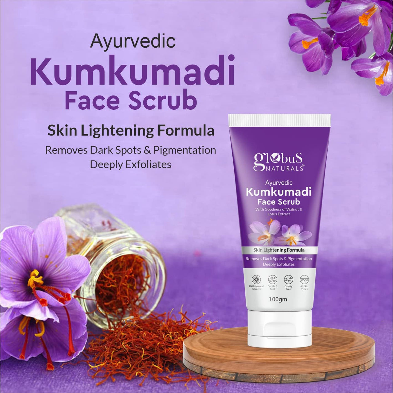 Globus Naturals Ayurvedic Kumkumadi Skin Lightening Face Scrub, Enriched with Walnut & Lotus Extract, Chemical Free, Cruelty Free, Suitable For All Skin Types, 100 ml, Pack Of 1