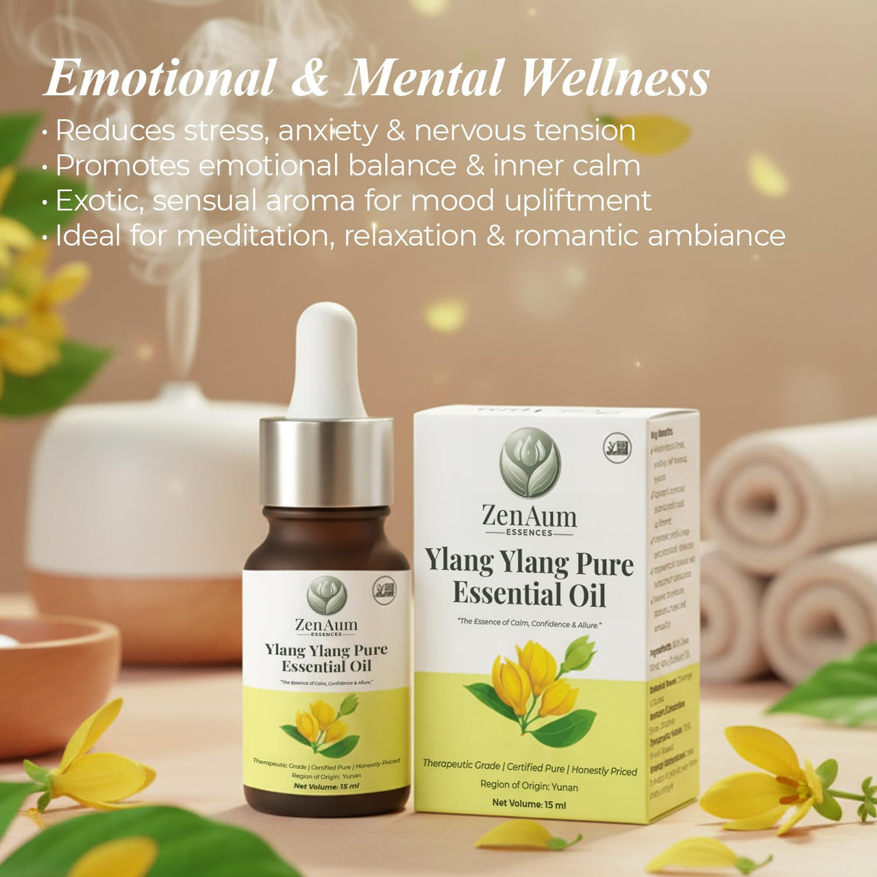 Zenaum Essences 100% Natural Ylang Ylang Therapeutic Grade Essential Oil | 15ml | Stress Relief, Skin & Hair Care, Aromatherapy | Sourced from Yunnan | GMP, ISO & IFRA Certified