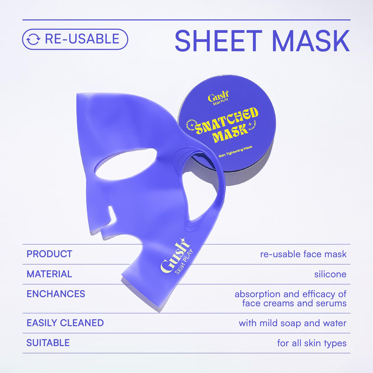 Gush Beauty Snatched Mask Reusable Silicone Sheet Mask | Eco-Friendly & Customizable Skincare | Enhances Product Absorption & Locks in Moisture | Comfortable & Durable Design | 1 Count