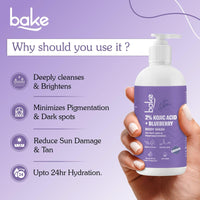 BAKE 2% Kojic Acid Brightening Body Wash with Glycolic Acid & Alpha Arbutin | De-Tan Body Wash | For Pigmentation & Tan Removal | For Dark Knees & Elbows | Dark Spots & Sun Damage | 250ml
