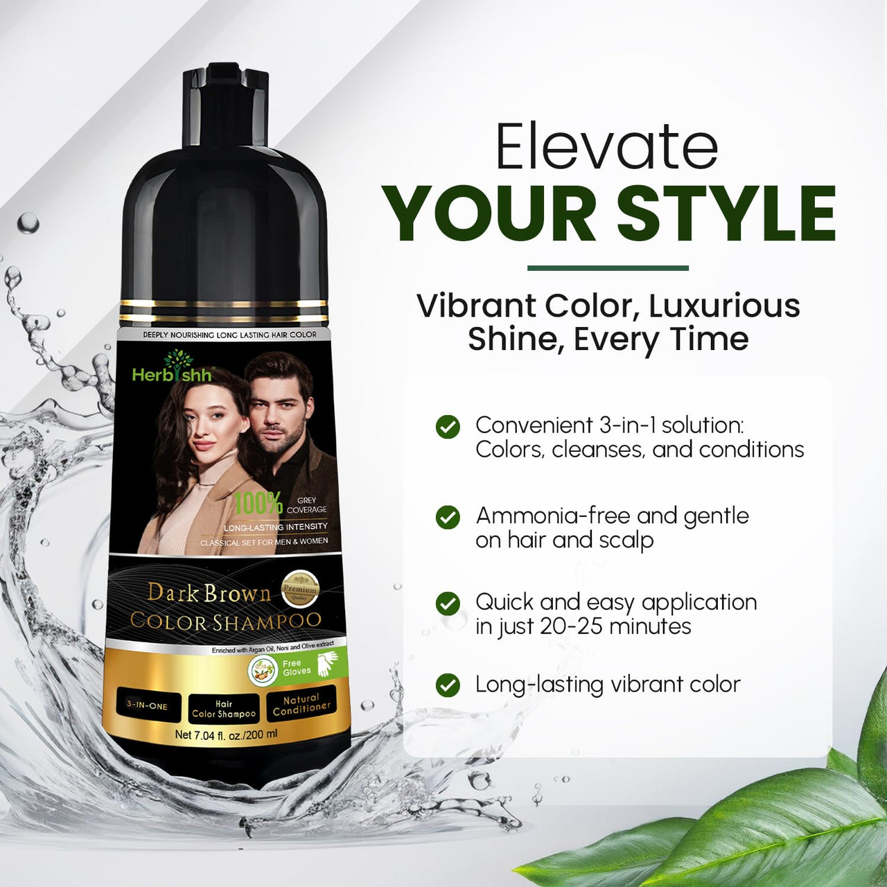 Herbishh Dark Brown Hair Color Shampoo, 3 in 1, 100% Grey Coverage, Hair Color for Men & Women, Long-lasting Color in 15-20 Mins, Ammonia-free, 200 ml