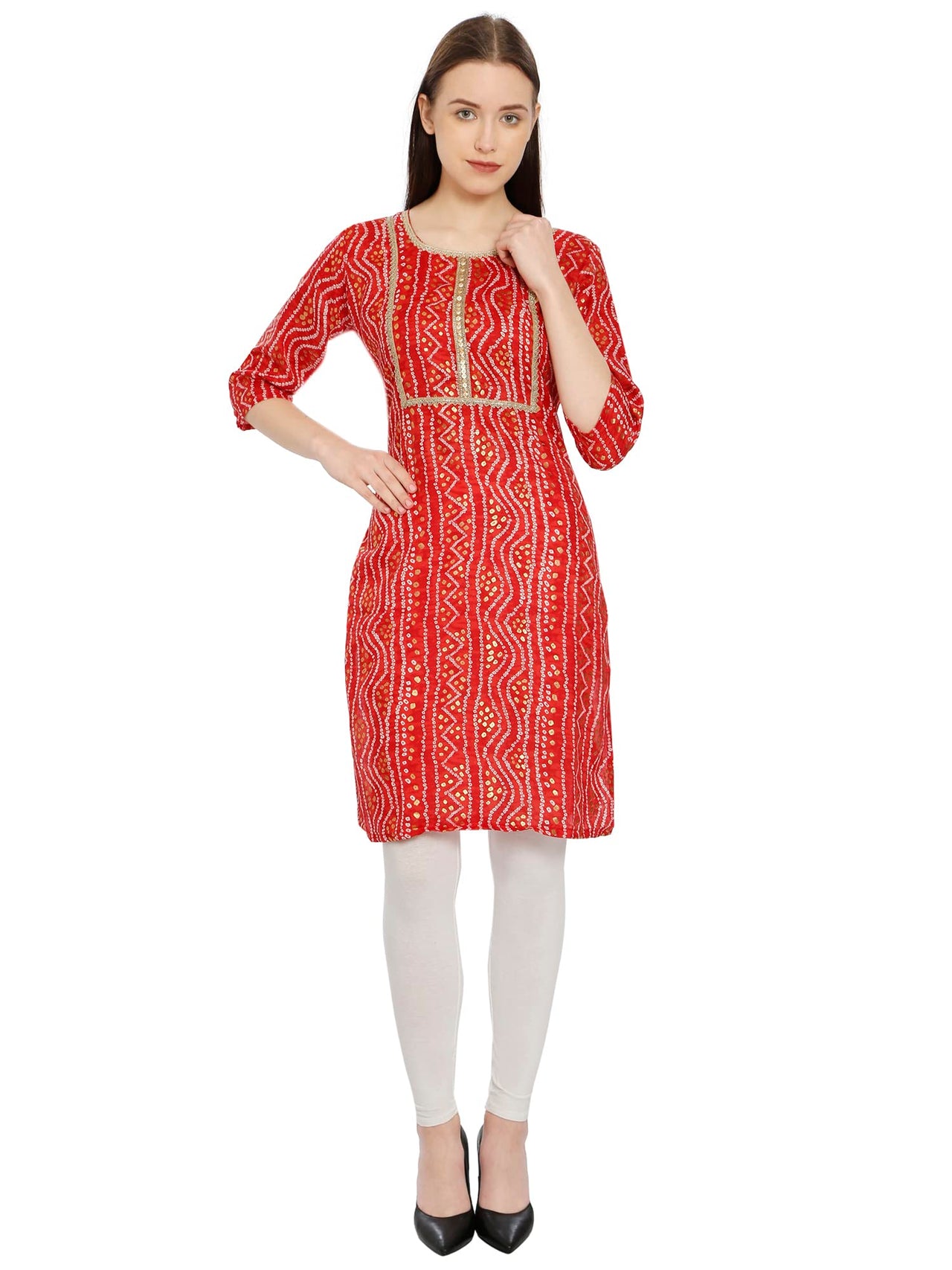 InTrend Forever Bandhani Foil Print Designer || Cotton Kurta for Ladies || Straight Fit || Zari & Sequins lace || Kurtis for Women