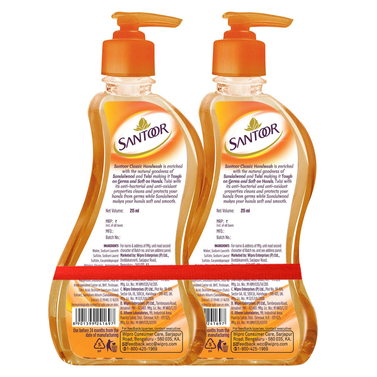 Santoor Gold Soap With Saffron, Sandal & Sakura Extracts, 125G (Pack Of 6) And Classic Gentle Hand Wash, 215Ml (Pack Of 2) With Natural Goodness Of Sandalwood & Tulsi