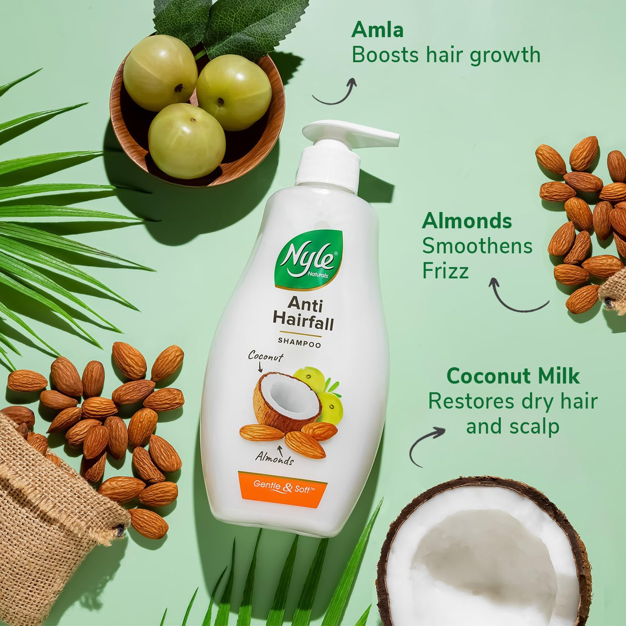 Nyle Naturals Anti-Hairfall Shampoo | For Hairfall Control | With Coconut Milk, Badam and Amla |Gentle & Soft Shampoo For Men & Women |800ml (Pack of 2)