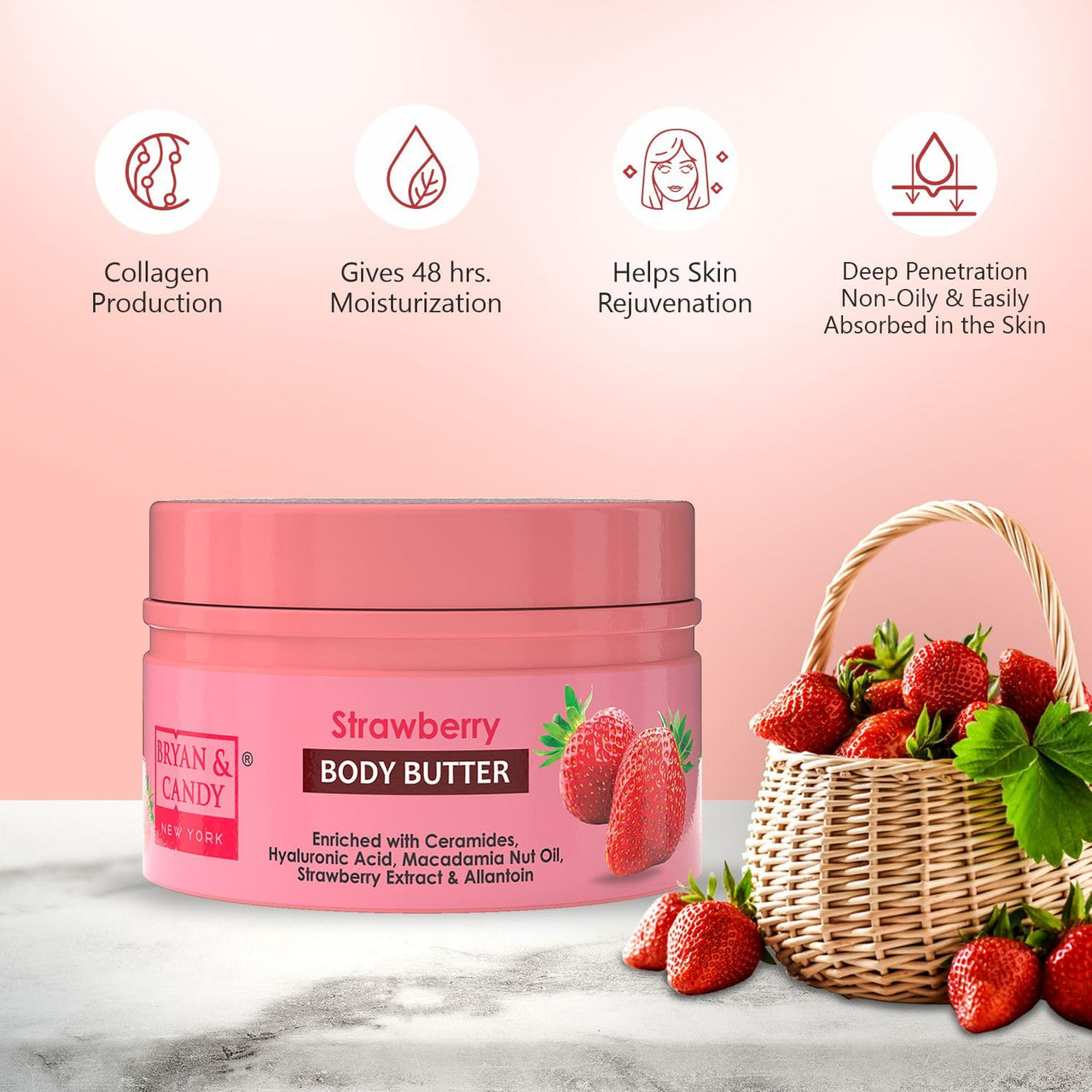 BRYAN & CANDY Strawberry Body Butter |Ph5.5 Skin Friendly | 72hrs Moisturization | 100% Vegan