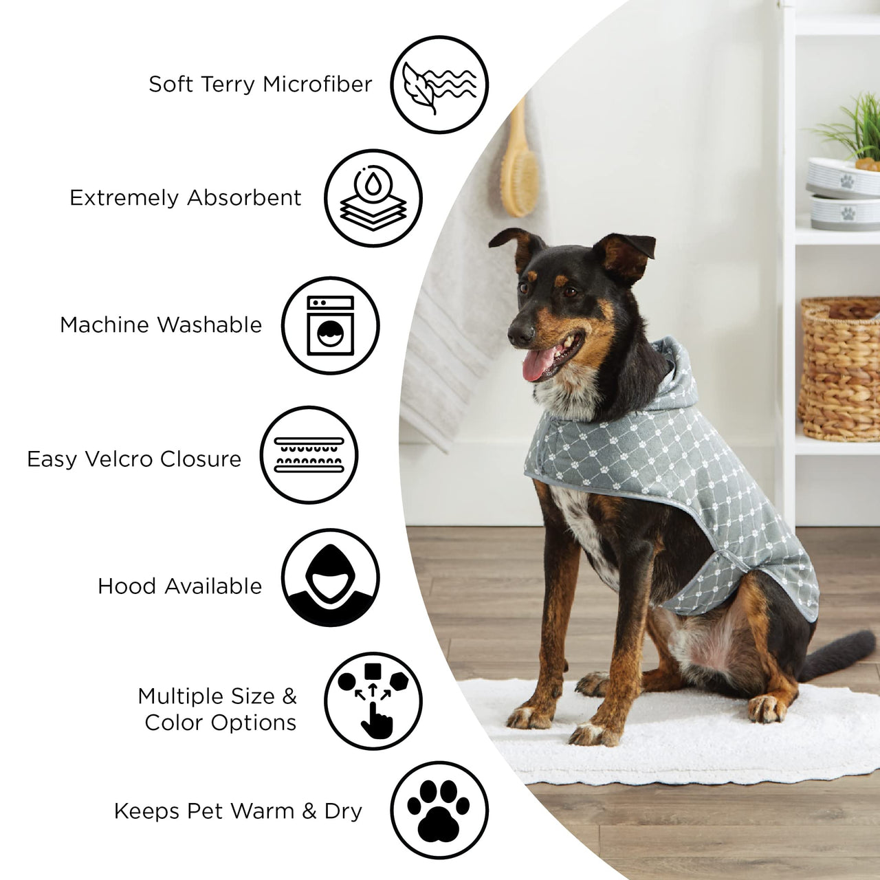 Bone Dry Pet Robe Collection, Embroidered Absorbent Microfiber Bath Robe with Adjustable Closure, for Dogs & Cats, Medium, Red