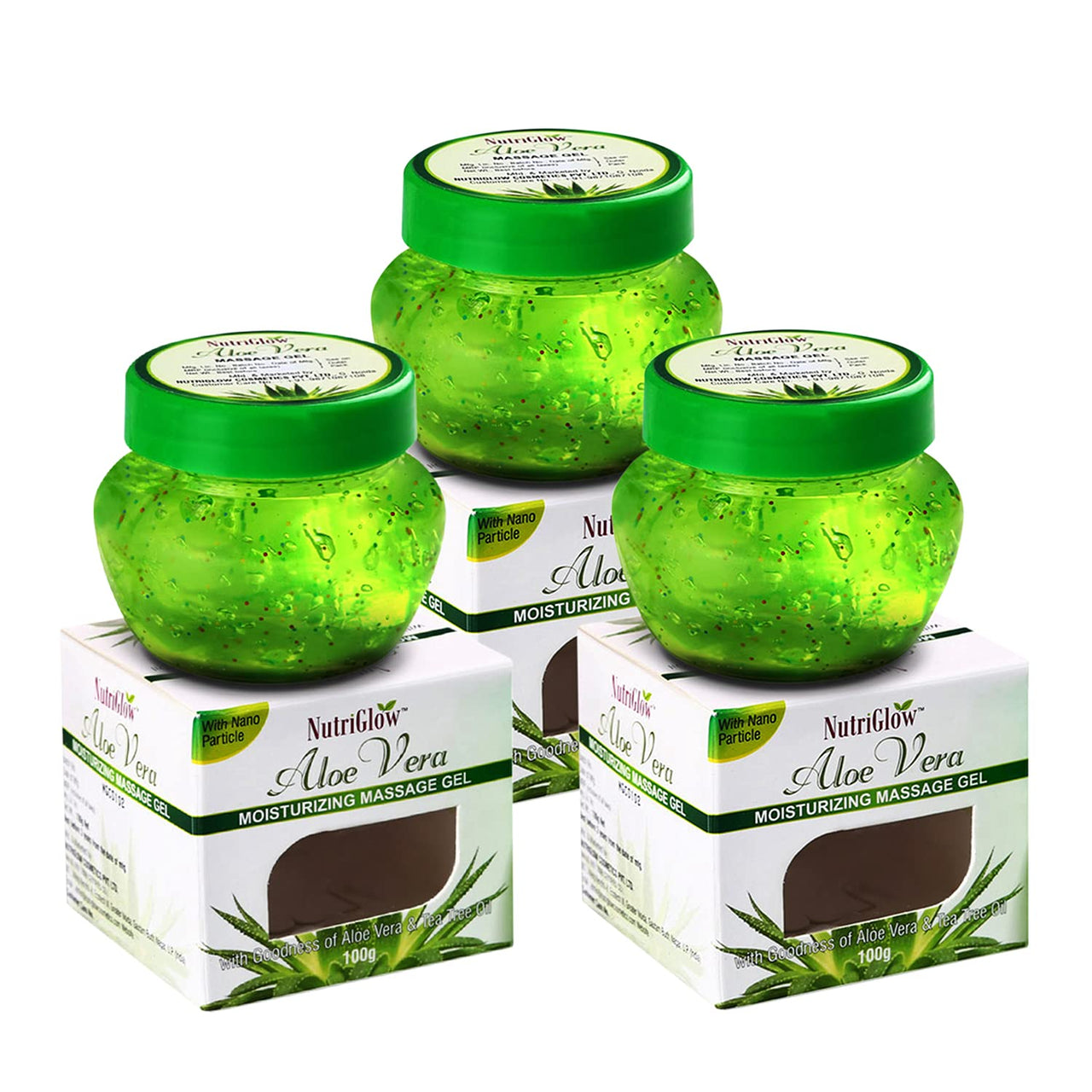 NutriGlow Aloe Vera Gel Great For Face, Hair, Acne, Sunburn, Bug Bites, Rashes, Glowing and Radiant Skin, Hydrating Gel Relieves Itchy & Irritated Skin, Non Sticky, 100gm Each, Pack of 3