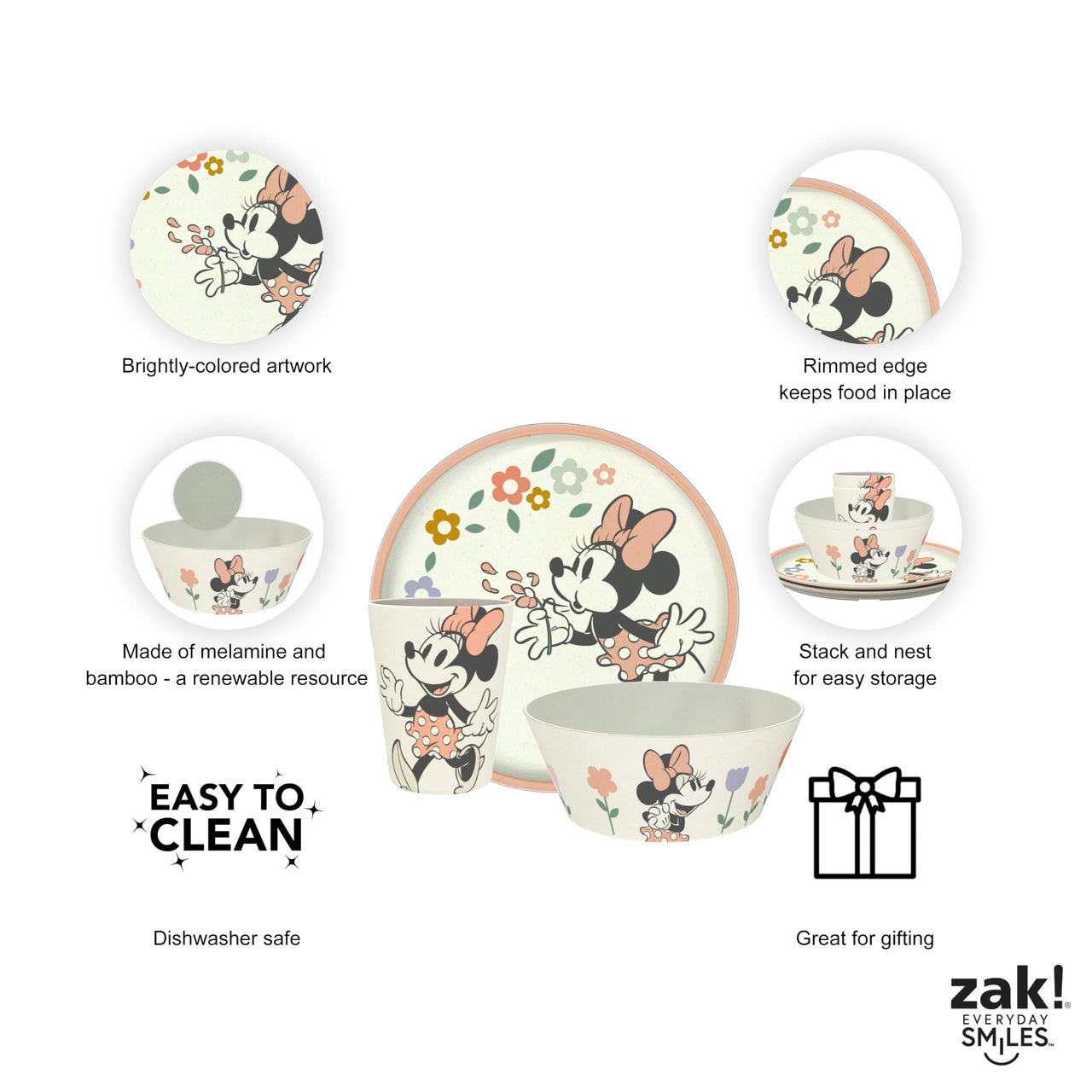 Zak Designs Disney Kids Dinnerware Set 3 Pieces, Durable and Sustainable Melamine Bamboo Plate, Bowl, and Tumbler are Perfect For Dinner Time With Family (Minnie Mouse) 8" Plate, 6" Bowl, 10oz Tumbler Minnie Mouse