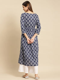 rangita Women 100% Cotton Blue Indigo Printed Calf Length Kurti Gathered at Waist