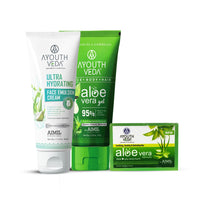 Ayouthveda Aloe Vera Bathing Soap 125g & Aloe Vera Gel 150g & Ultra Hydrating Face Emulsion Cream 60g Combo for Face, Body, Hair, Hydrates Skin without Feeling Greasy, Neem, Tulsi, Even Skin Tones