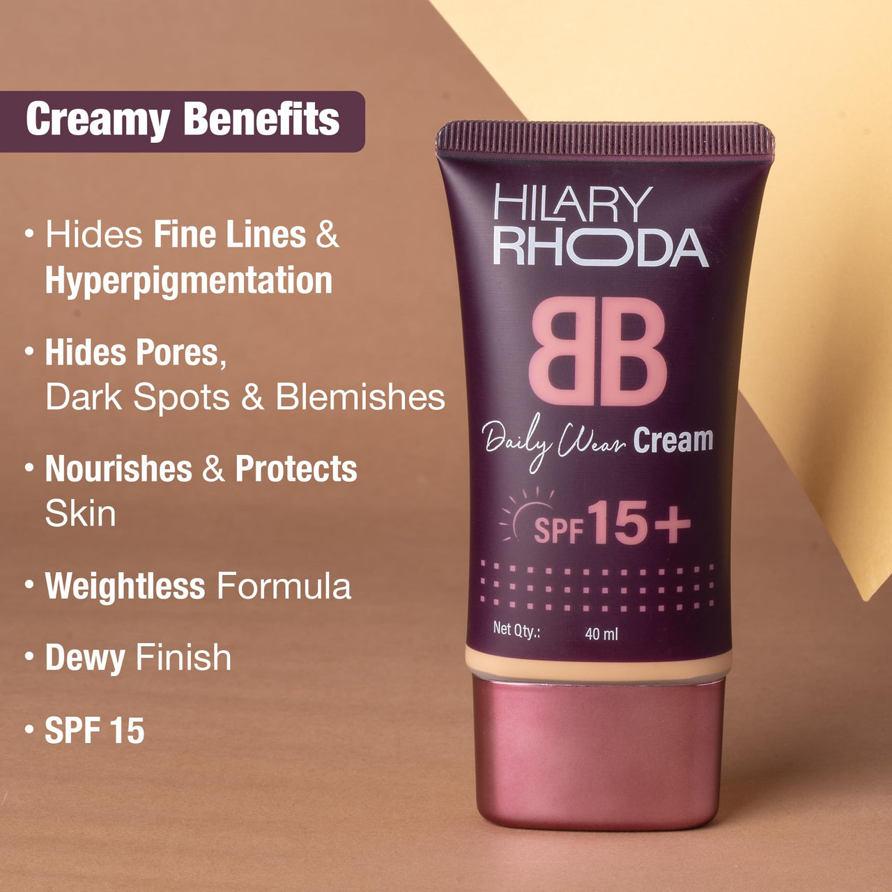 Hilary Rhoda BB Cream with SPF 15 | Infused with Wheat Germ Oil & Jojoba Seed Oil | Weightless Formula | Hides Blemishes, Dark Spots & Pigmentation - 40ml (Fair Ivory - Shade 2)