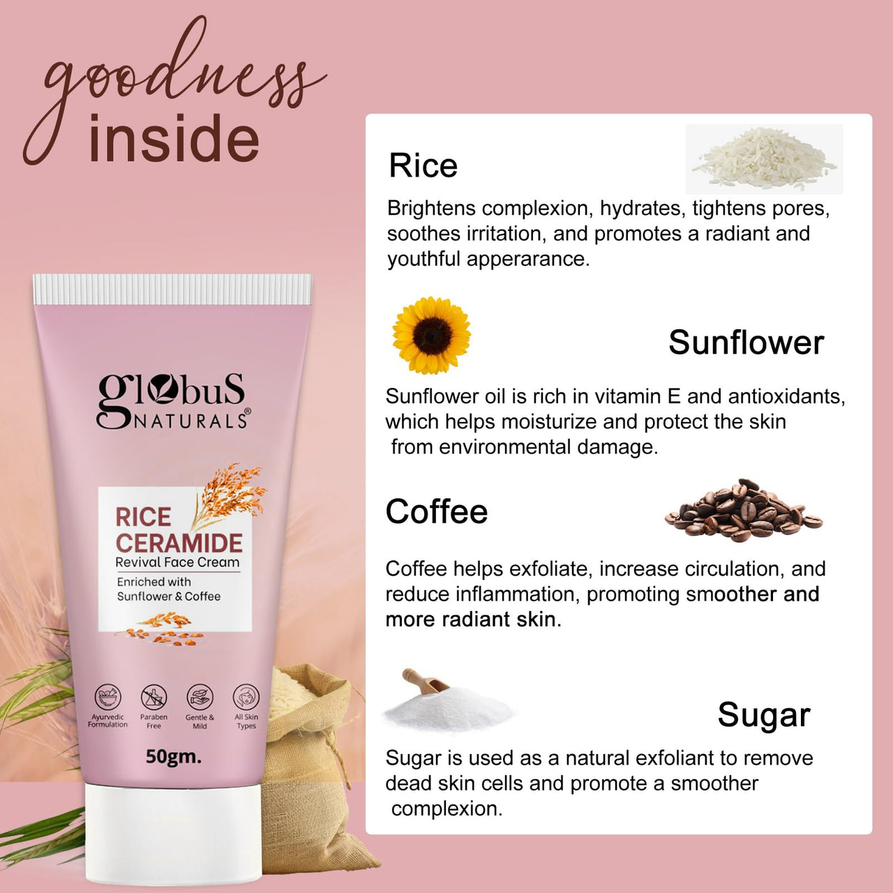 Globus Naturals Rice Ceramide Revival Face Cream, Enriched with Sunflower & Coffee, Ayurvedic Formula, Paraben Free, Gentle & Mild, Suitable For All Skin Types, 50 gm (Pack of 2)
