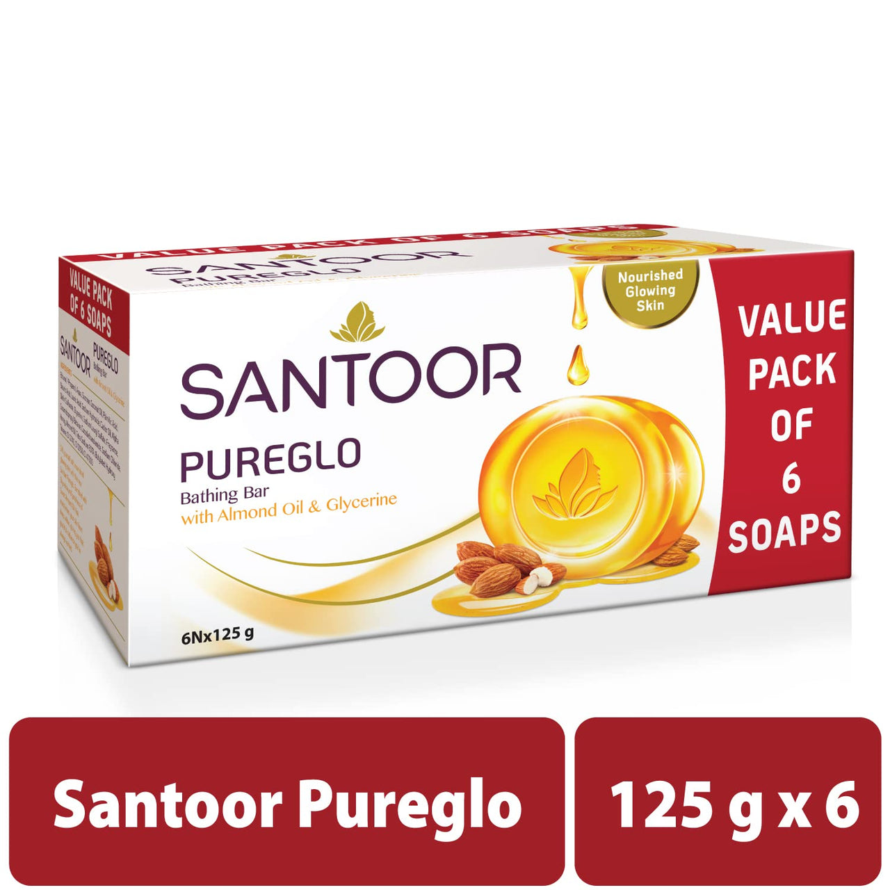 Santoor PureGlo Glycerine Soap with Almond Oil and Glycerine, 125g (Pack of 6) for Nourished Glowing Skin