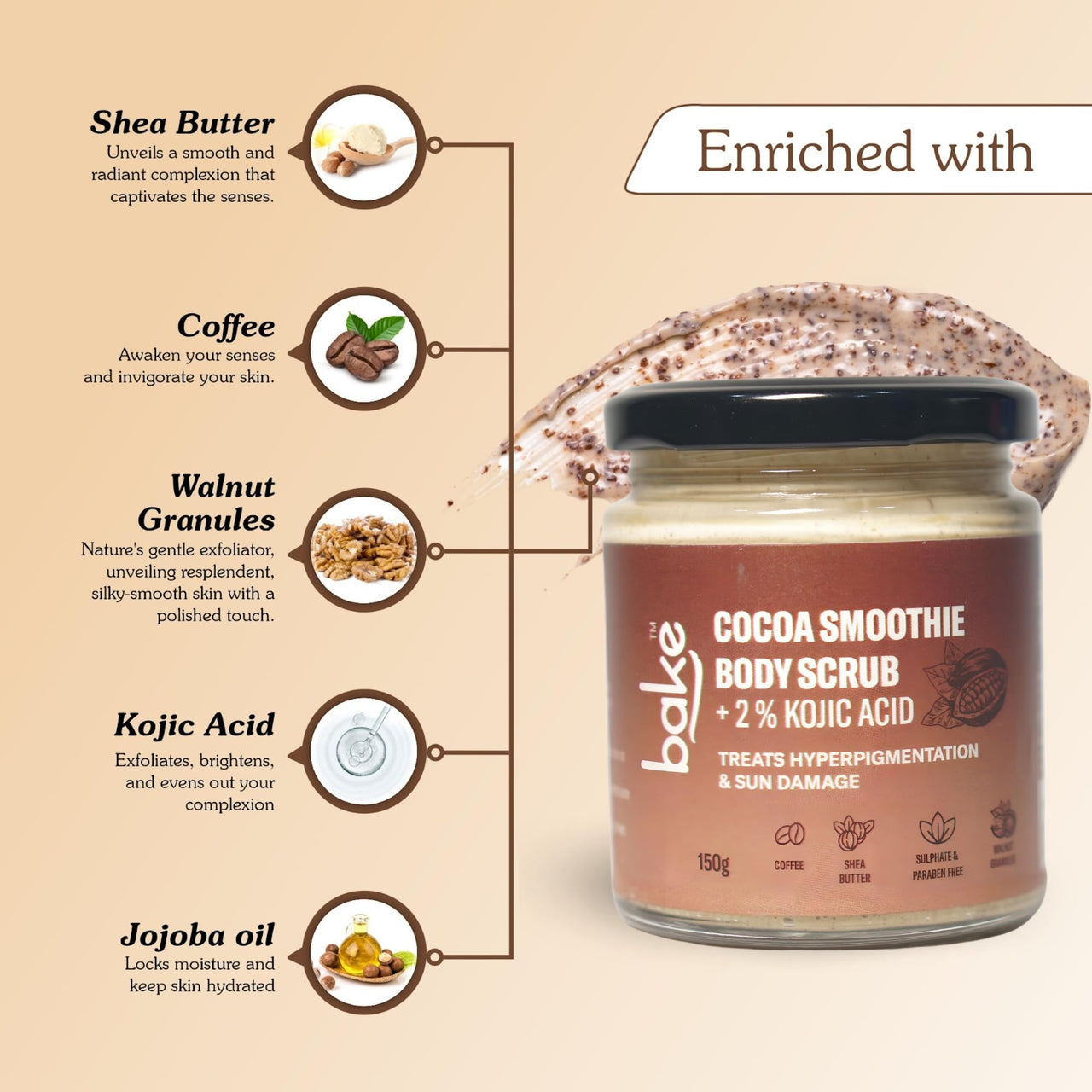 BAKE 2% Kojic Acid Coffee Smoothie Body Scrub For Pigmentation & Strawberry Skin | Tan Removal, Skin Exfoliation & Whitening | For Dark Knees, Elbows & Neck | 150g