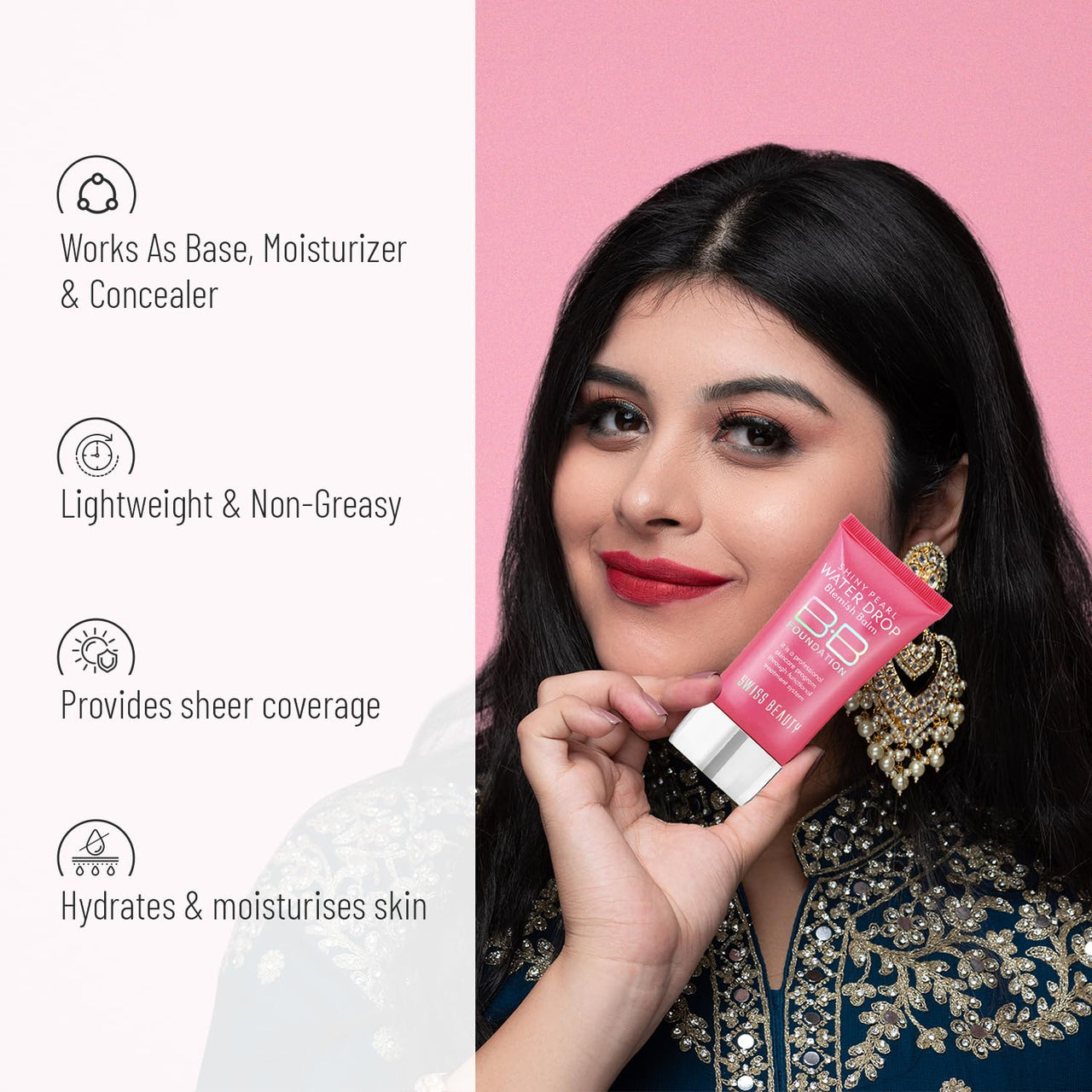 Swiss Beauty Matte Shiny Pearl Water Drop Blemish Long Lasting Balm BB Lightweight, Liquid Foundation, Face Makeup, Shade-03, 40ml