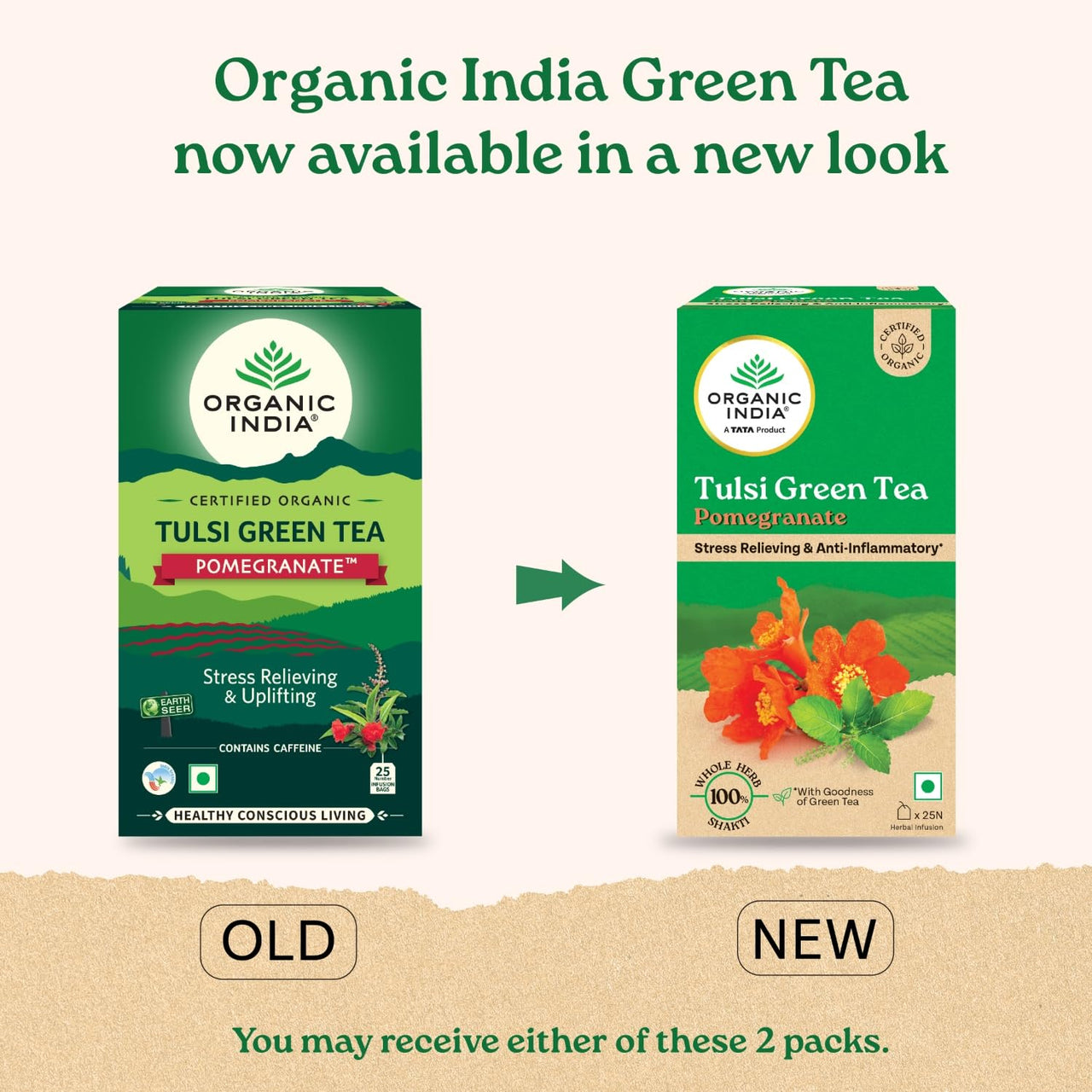 A TATA Product - Organic India Tulsi Green Tea Pomegranate - 25 Tea Bags, Certified Organic, Stress Relief, Rich in Antioxidant, Tulsi & Pomegranate Infusion
