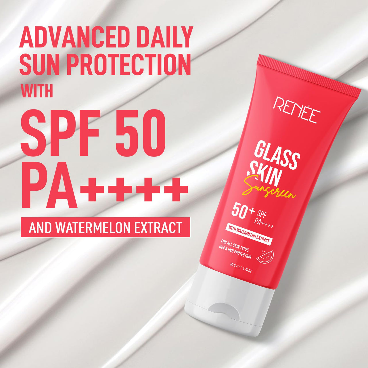 RENEE Glass Skin Gel Sunscreen SPF 50, UVA & UVB Protection, Lightweight, Hydrating & Non-Sticky, Zero White Cast, For Radiant, Supple Skin, Infused with Watermelon, Beetroot & Hyaluronic Acid 50gm