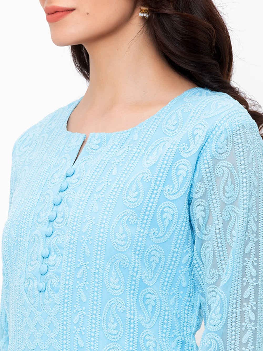 ZOLA Exclusive Georgette Round Neck with Full Sleeves and Calf Length Luckhnowi Chikan Kari Kurta with Button Placket on Yolk Ethnic Wear Straight Kurta for Women Pack of 1