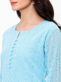 ZOLA Exclusive Georgette Round Neck with Full Sleeves and Calf Length Luckhnowi Chikan Kari Kurta with Button Placket on Yolk Ethnic Wear Straight Kurta for Women Pack of 1