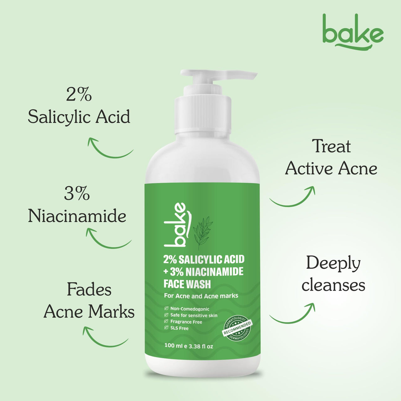 BAKE 2% Salicylic Acid & 3% Niacinamide Face Wash for Oily Acne Prone Skin | Treats Active Acne & Fades Acne Marks & Dark Spots | Daily Anti Acne Face Wash - 100ml