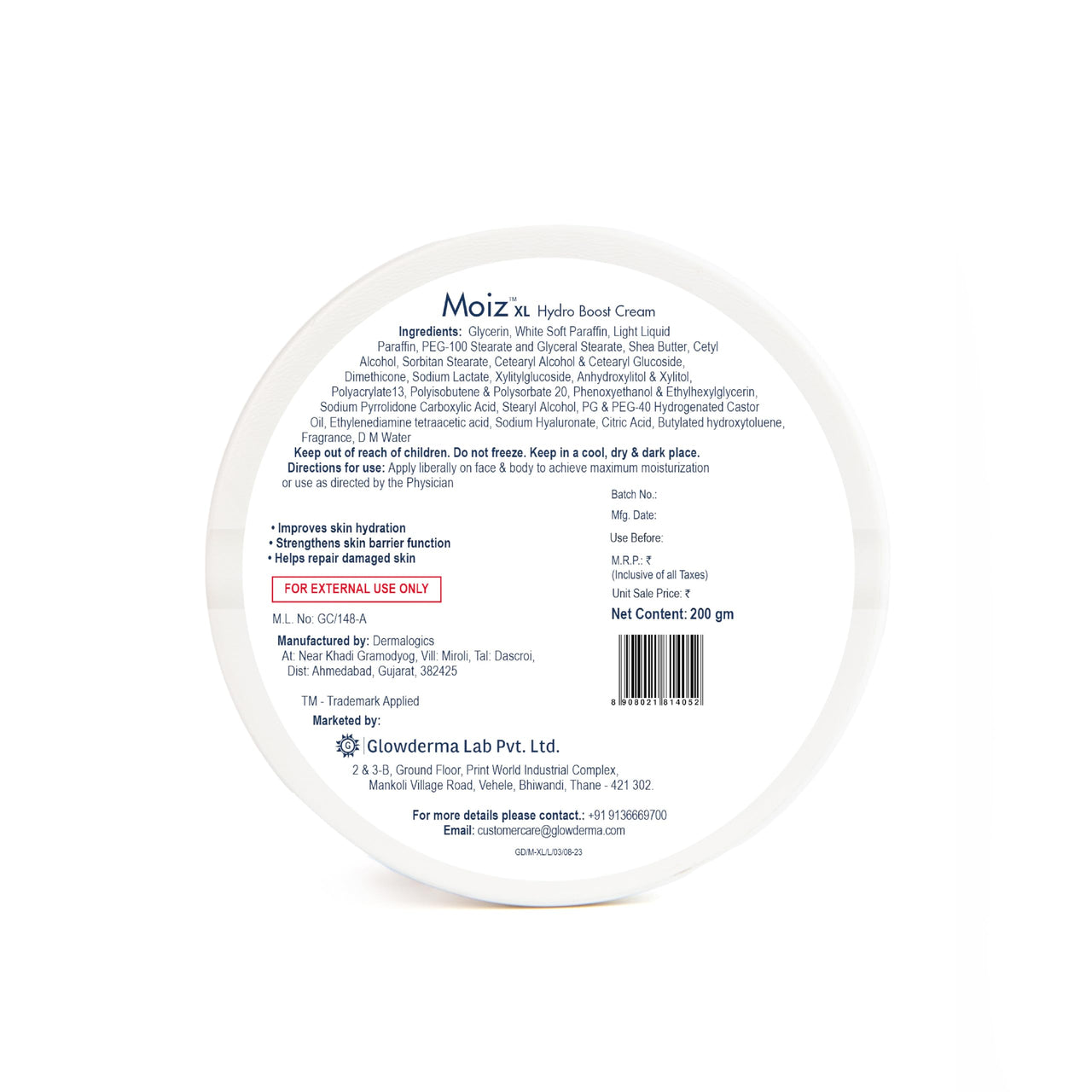 Moiz XL Hydro Boost Face & Body Cream | For Dry to Very Dry Skin | Formulated with 13 Moisturizers | Paraben Free & Cruelty-Free - 200gm