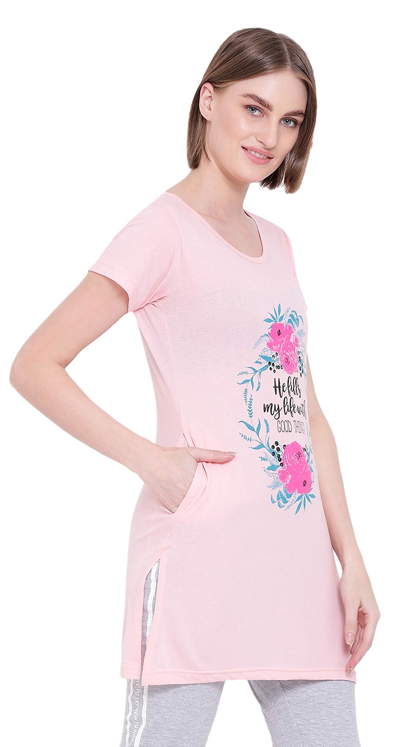 In Love Ladies Long Knee Length Chest Printed Side Slits Tshirts