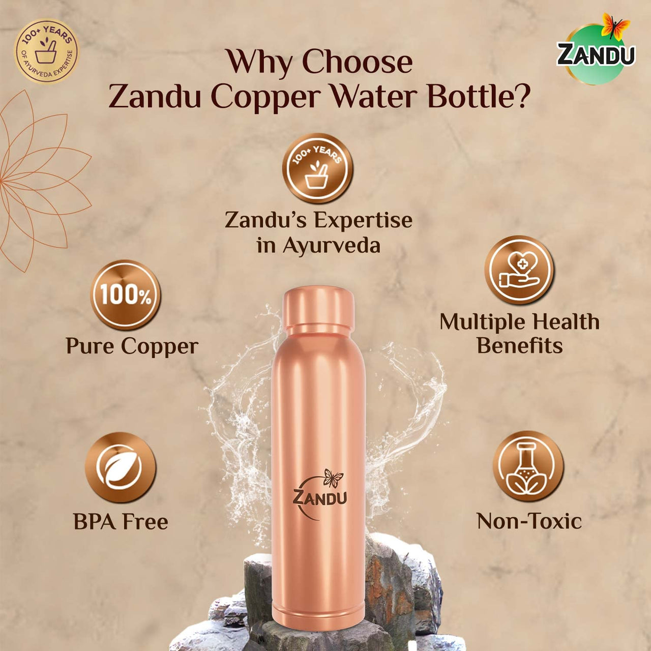 Zandu Copper Bottle (950ml): 100% Pure Copper |BPA Free Water Bottle | Copper Infused Water | Leak Proof | Office Bottle | Boosts Immunity| Supports Digestive & Liver Health | Ayurveda Inspired