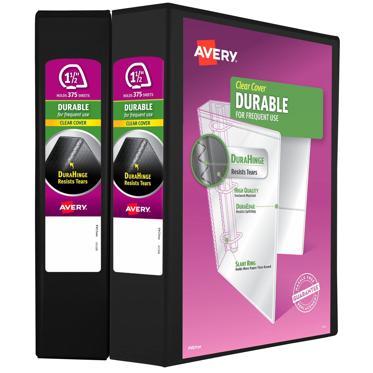 Avery Durable Clear View 3 Ring Binders, 1.5 Inch Slant Rings, 2-Pack of Black Binders (19300) 1.5" 2 Pack