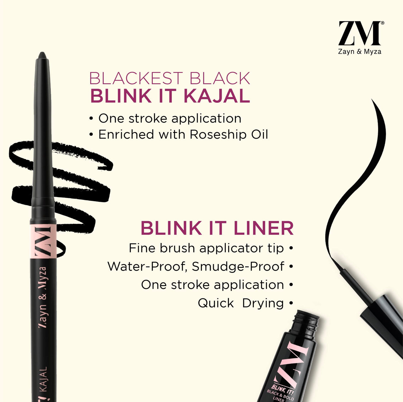 ZM Blink It Black Kajal and Eyeliner long lasting, Smudge proof, Waterproof - Combo (Black, 3.5