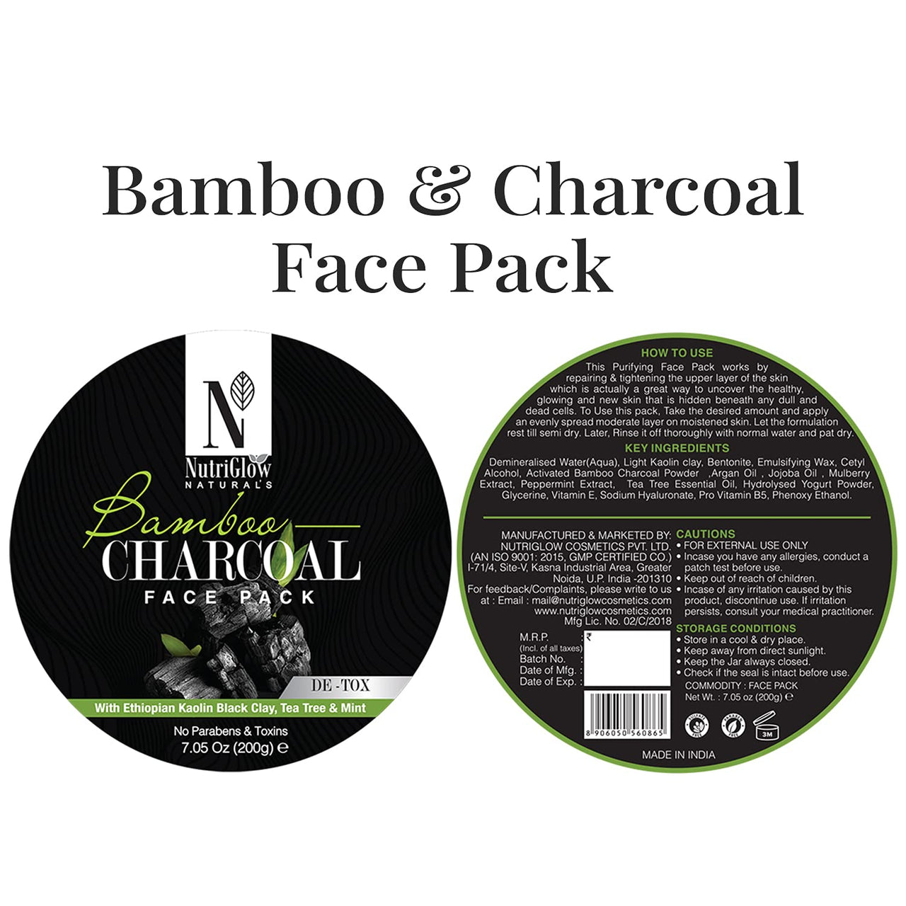 NutriGlow Natural's Bamboo Charcoal Face Pack With Ethiopian Kaolin Black Clay For Brightening, Lightening & Tightening Skin,100% Natural, 200gm