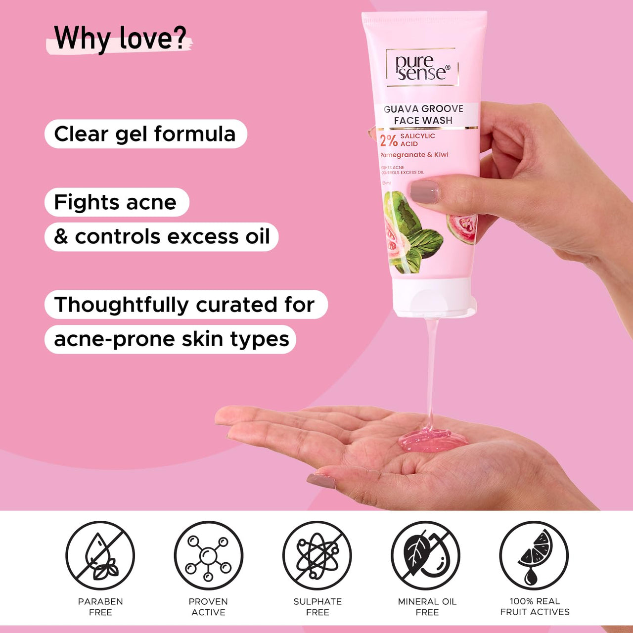 PureSense Guava Groove Face Wash with 2% Salicylic Acid | Pomegranate & Kiwi | Fights Acne and Controls Excess Oil | For Men & Women - 100ml