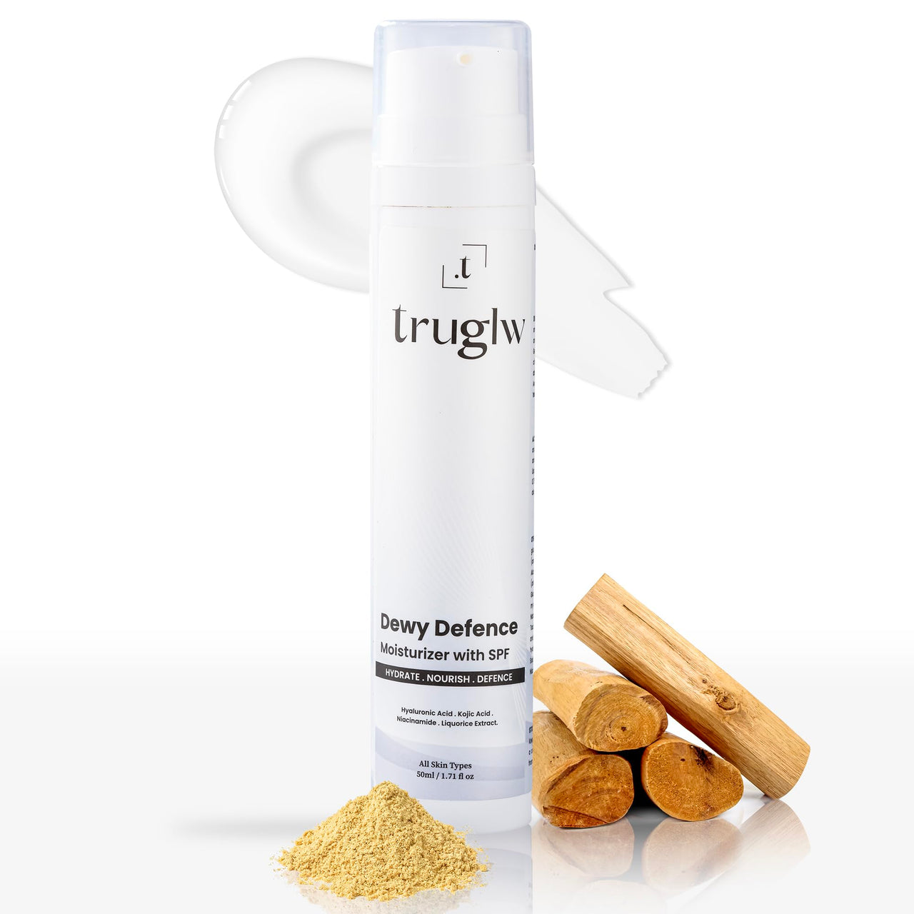 Truglw Dewy Defence Moisturizer with SPF | Hyaluronic Acid, Kojic Acid & Niacinamide | Hydrating, Brightening & Lightweight Sunscreen Moisturizer for Glowing Skin | Non-Sticky & Fast-Absorbing – 50ml